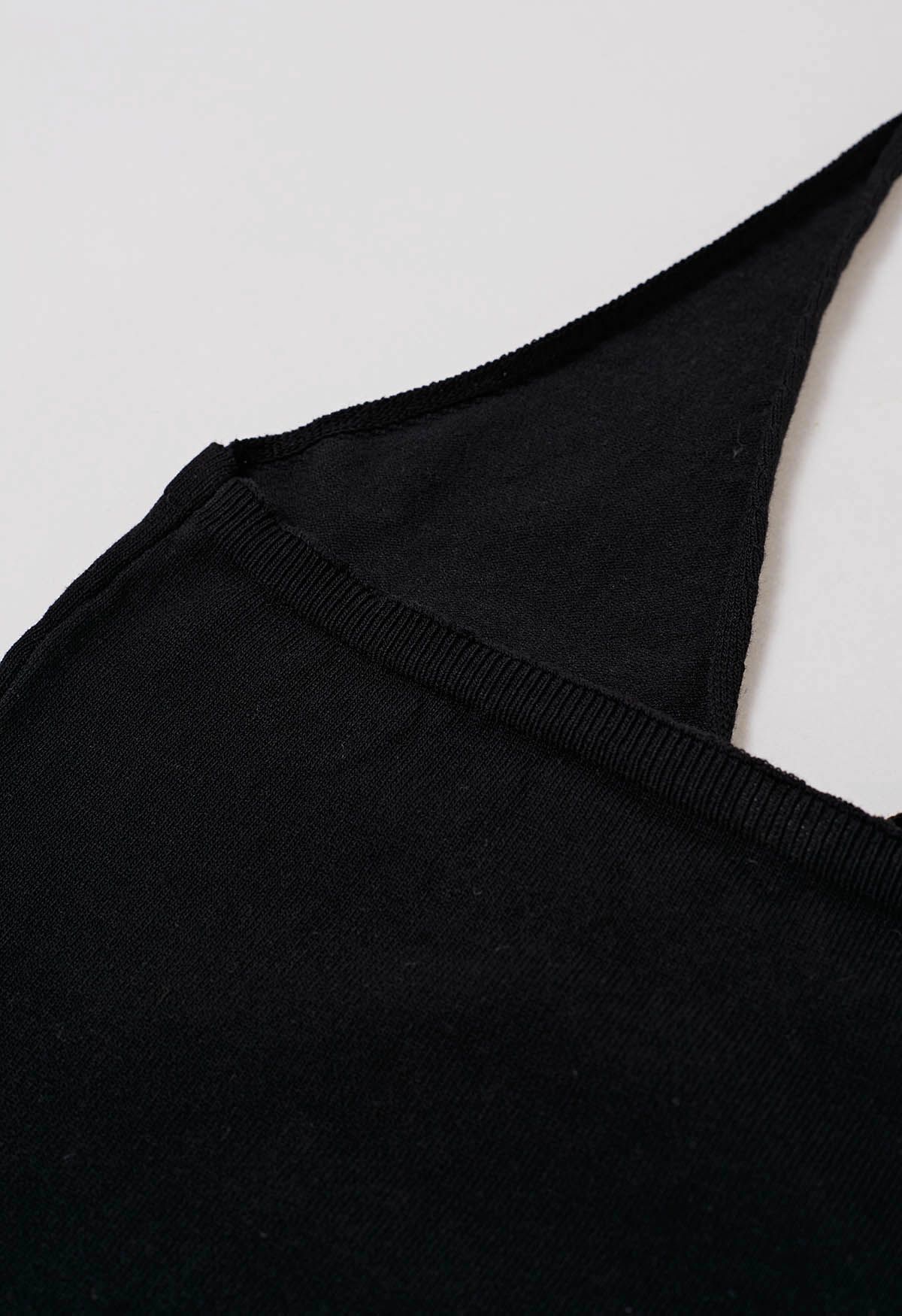 Pintuck Detail Halter Knit Top in Black