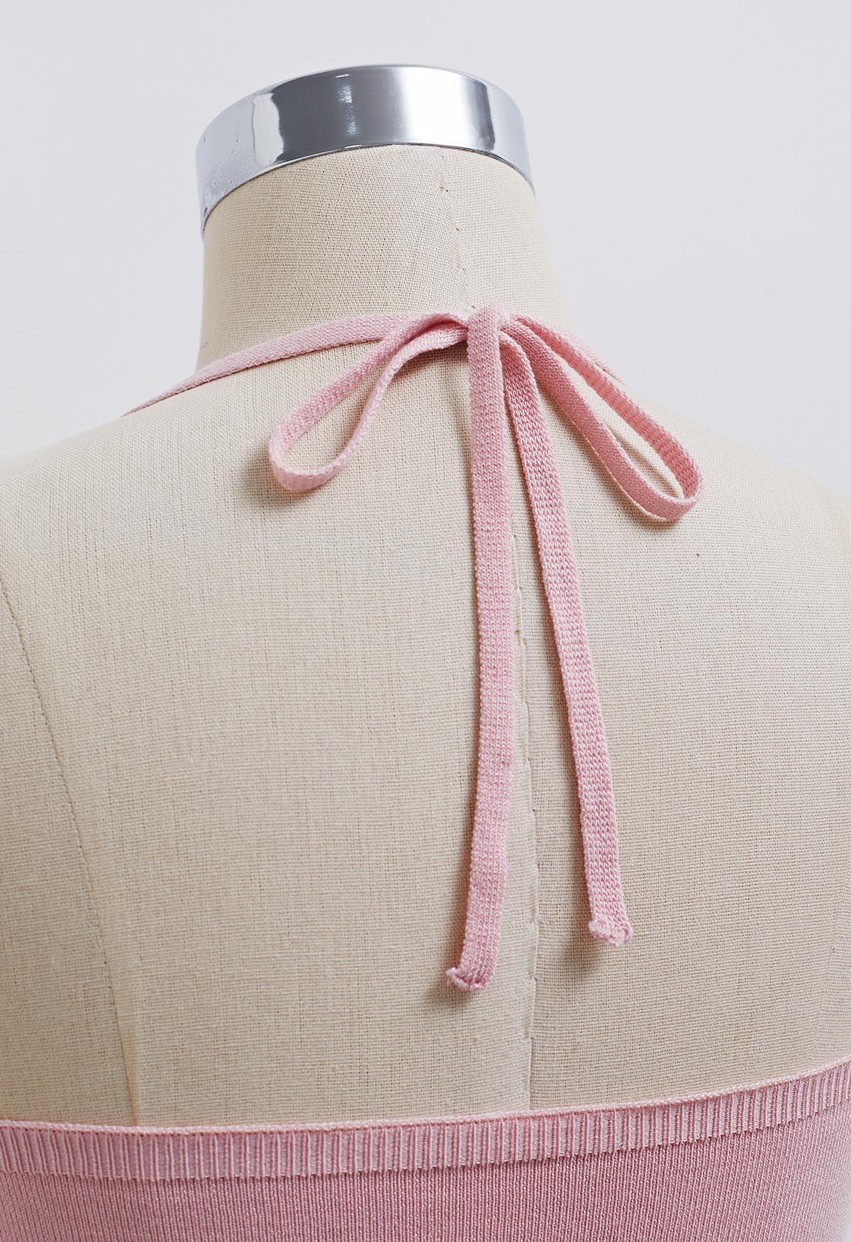 Pintuck Detail Halter Knit Top in Pink