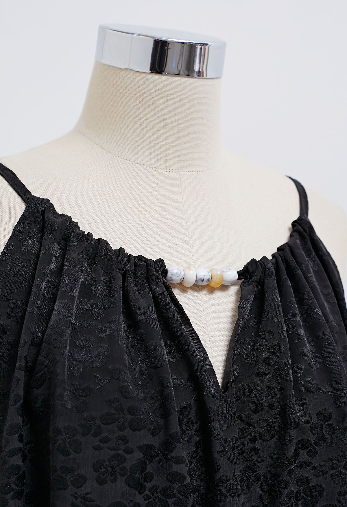 Beaded Halter Neck Floret Jacquard Top in Black