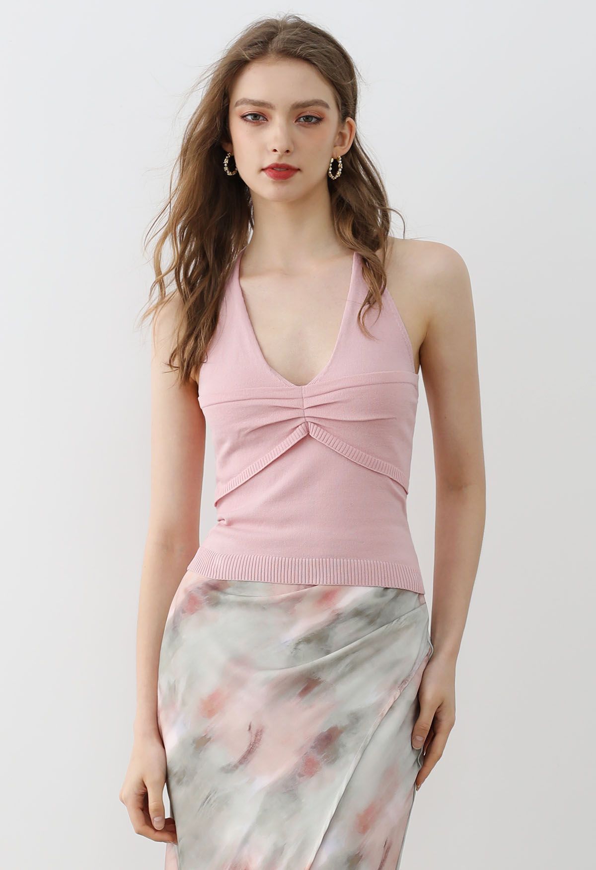 Pintuck Detail Halter Knit Top in Pink