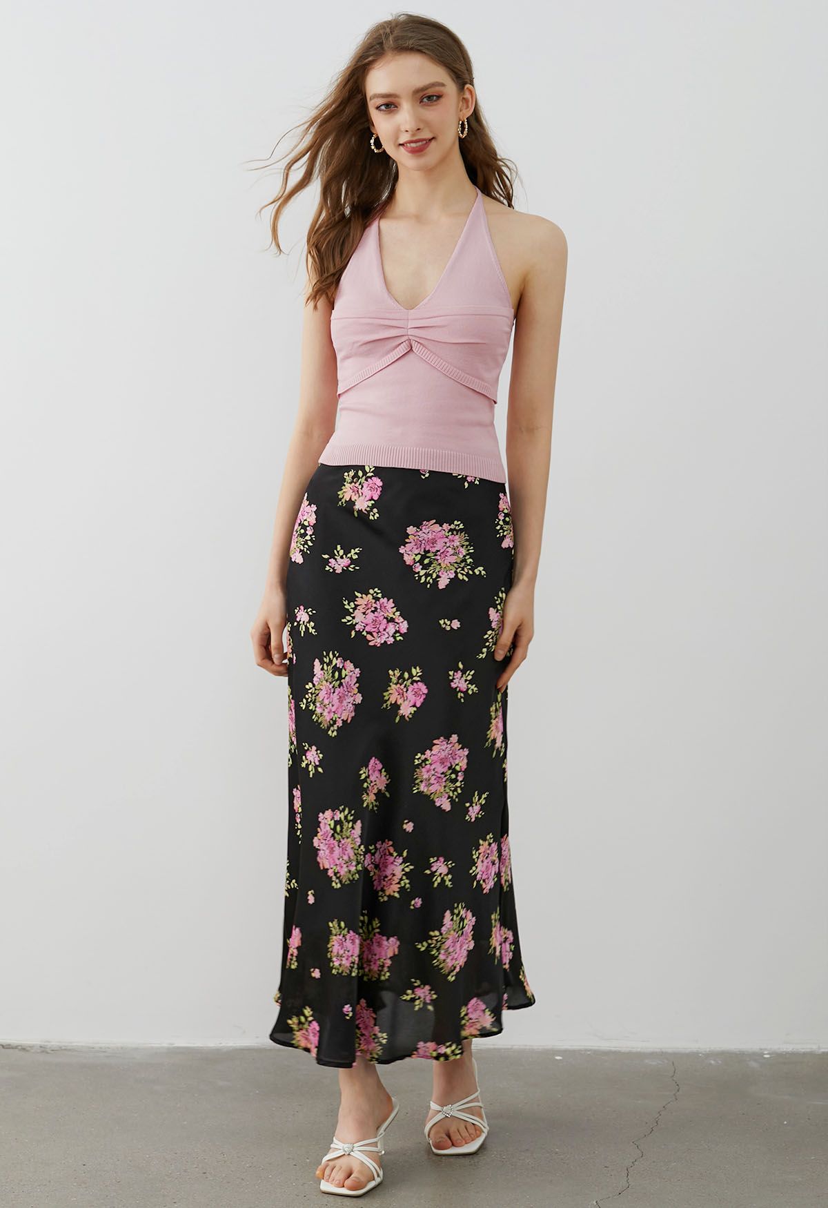 Summery Posy Print Maxi Skirt in Black