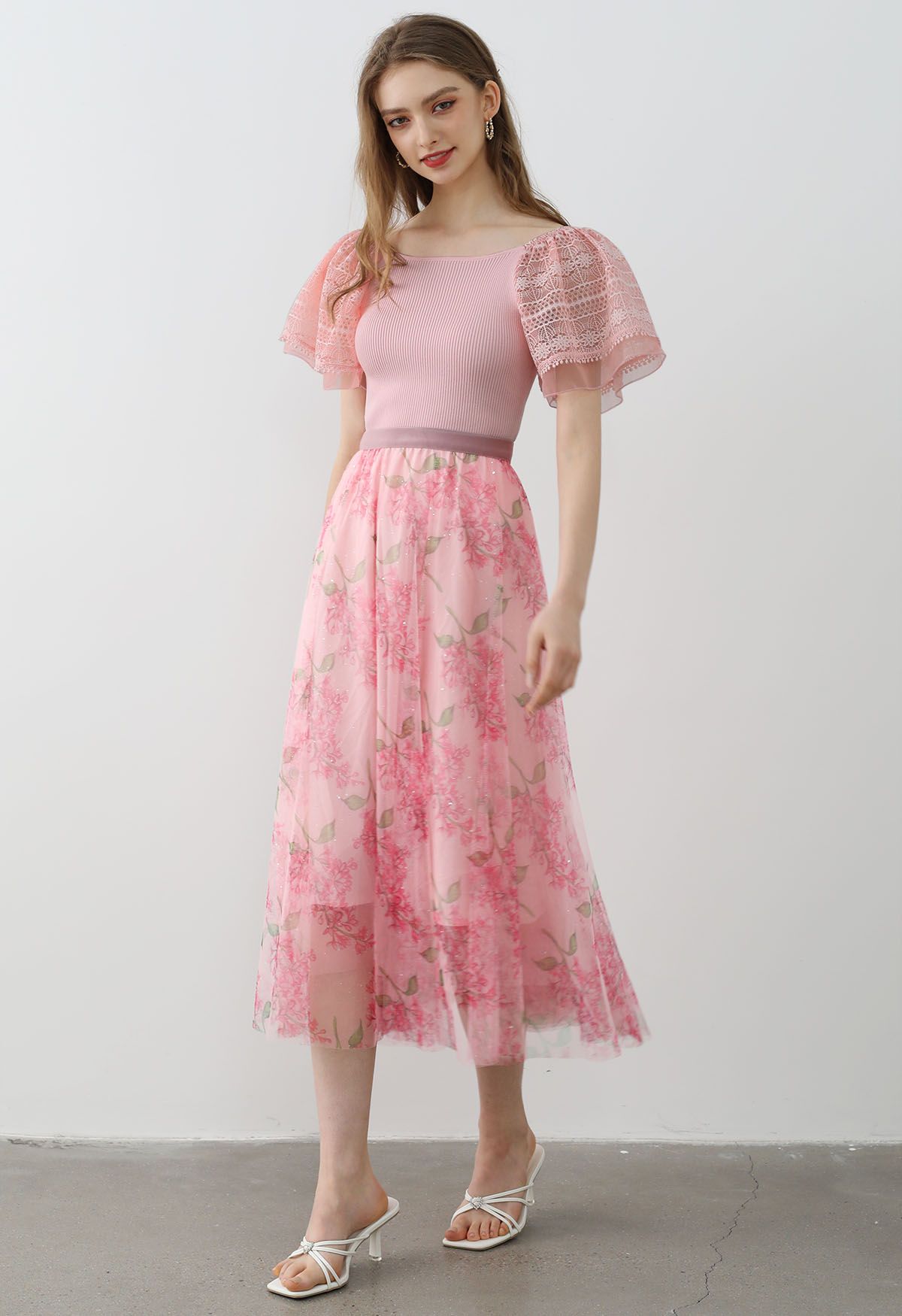 Shimmer Floral Mesh Tulle Midi Skirt in Pink