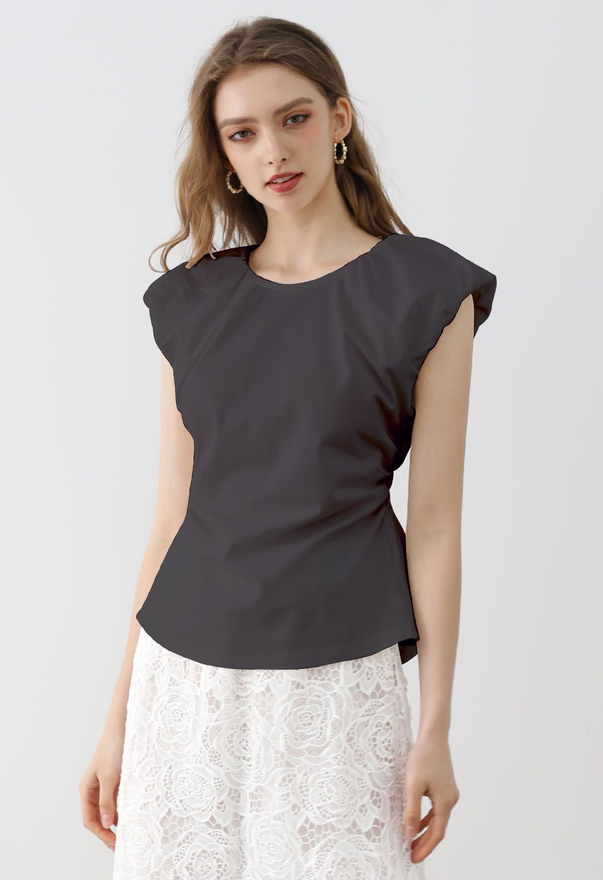 Cutout Back Ruched Detail Sleeveless Top in Smoke