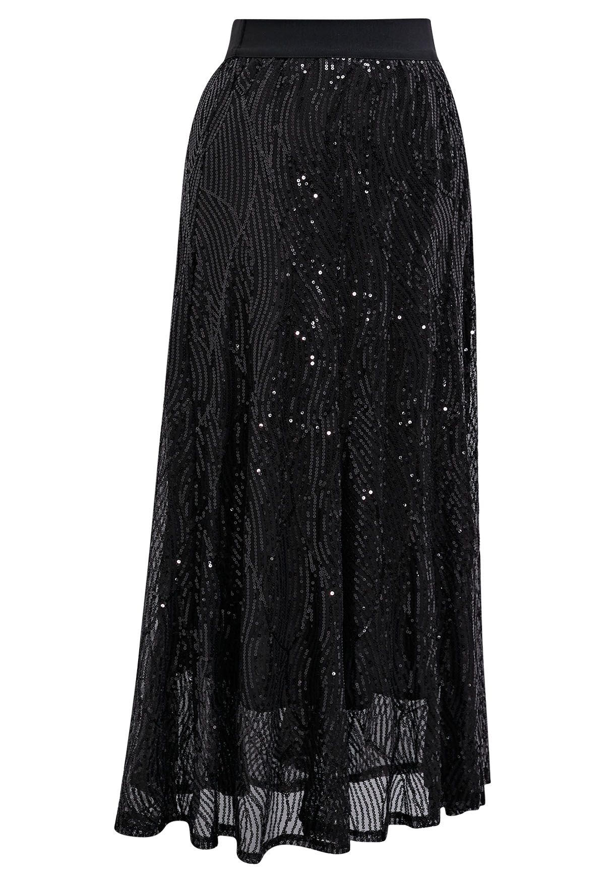 Luster Sequin Frilling Midi Skirt in Black