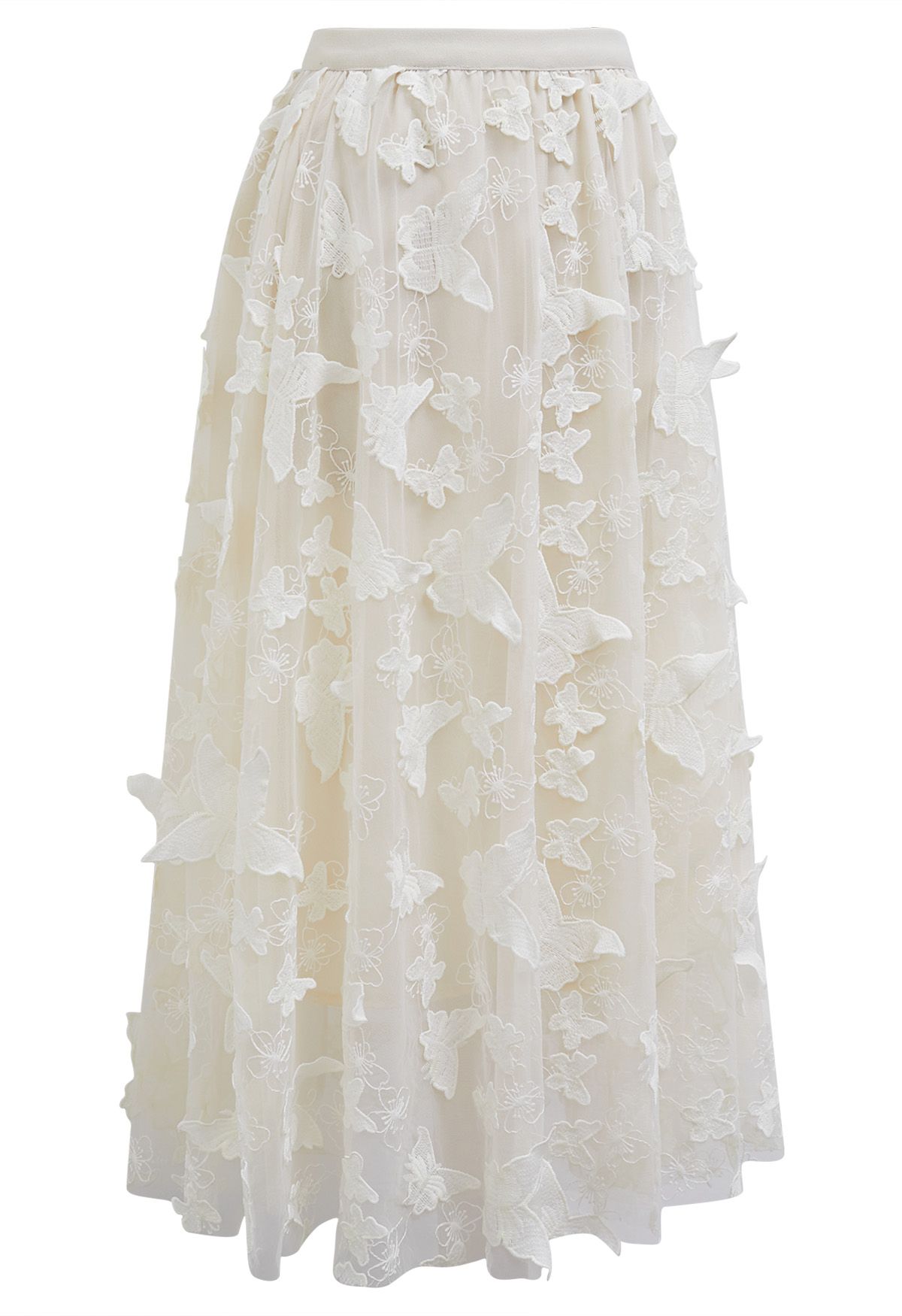 Loveliness 3D Butterfly Embroidered Mesh Tulle Midi Skirt in Cream