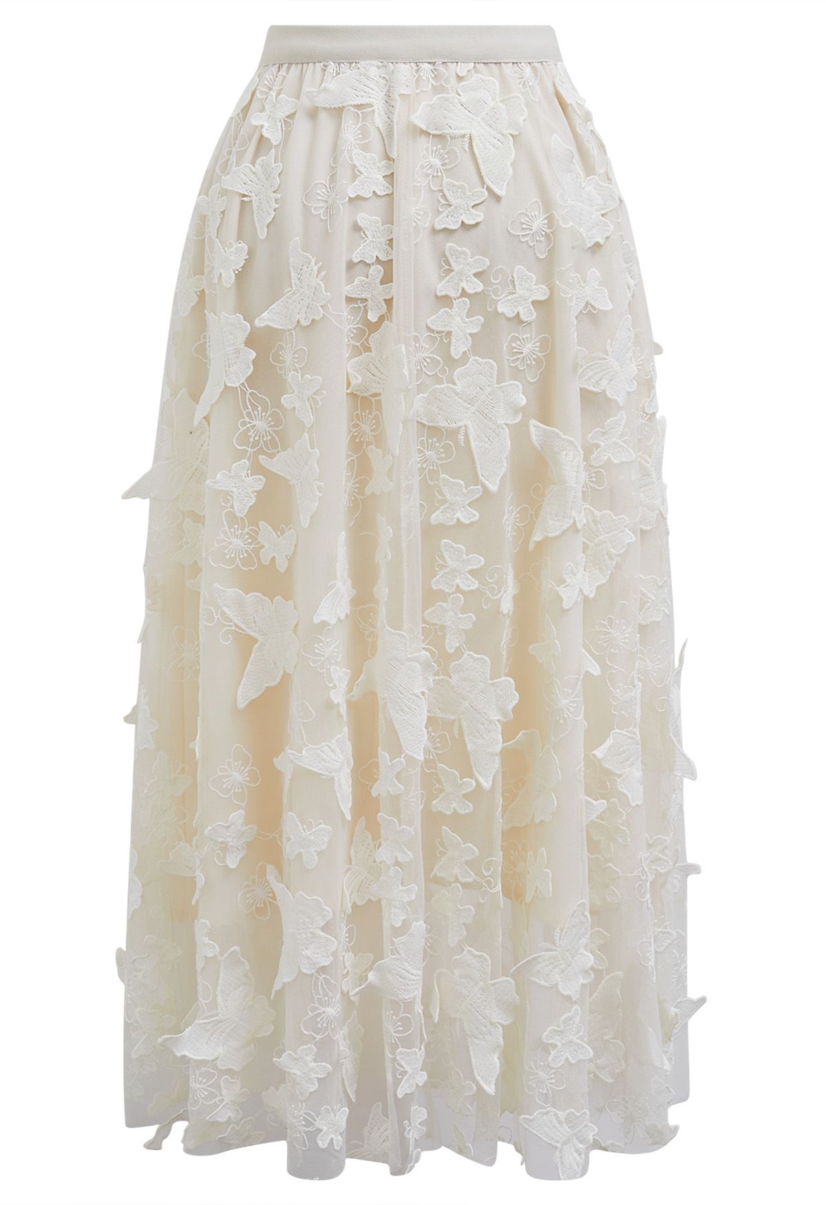 Loveliness 3D Butterfly Embroidered Mesh Tulle Midi Skirt in Cream