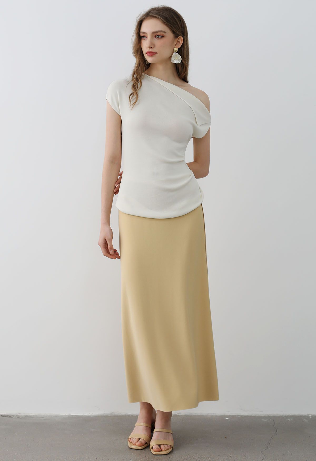 Asymmetric Folded Collar Knit Top in Cream