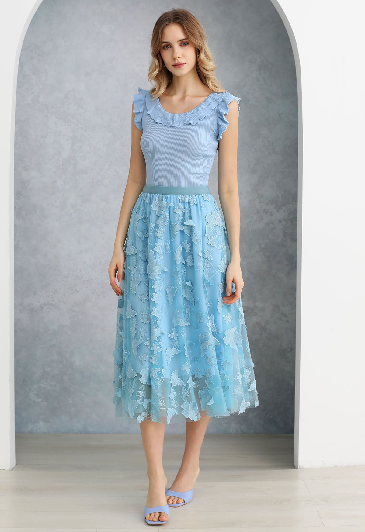 Loveliness 3D Butterfly Embroidered Mesh Tulle Midi Skirt in Blue