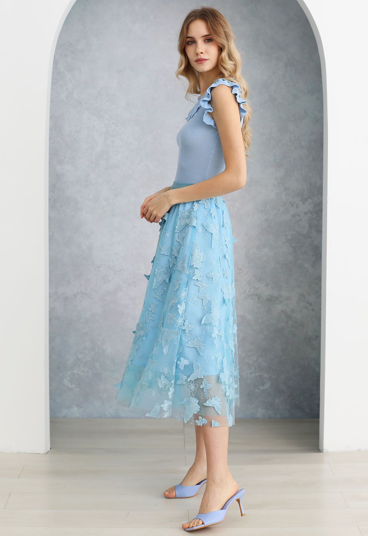 Loveliness 3D Butterfly Embroidered Mesh Tulle Midi Skirt in Blue