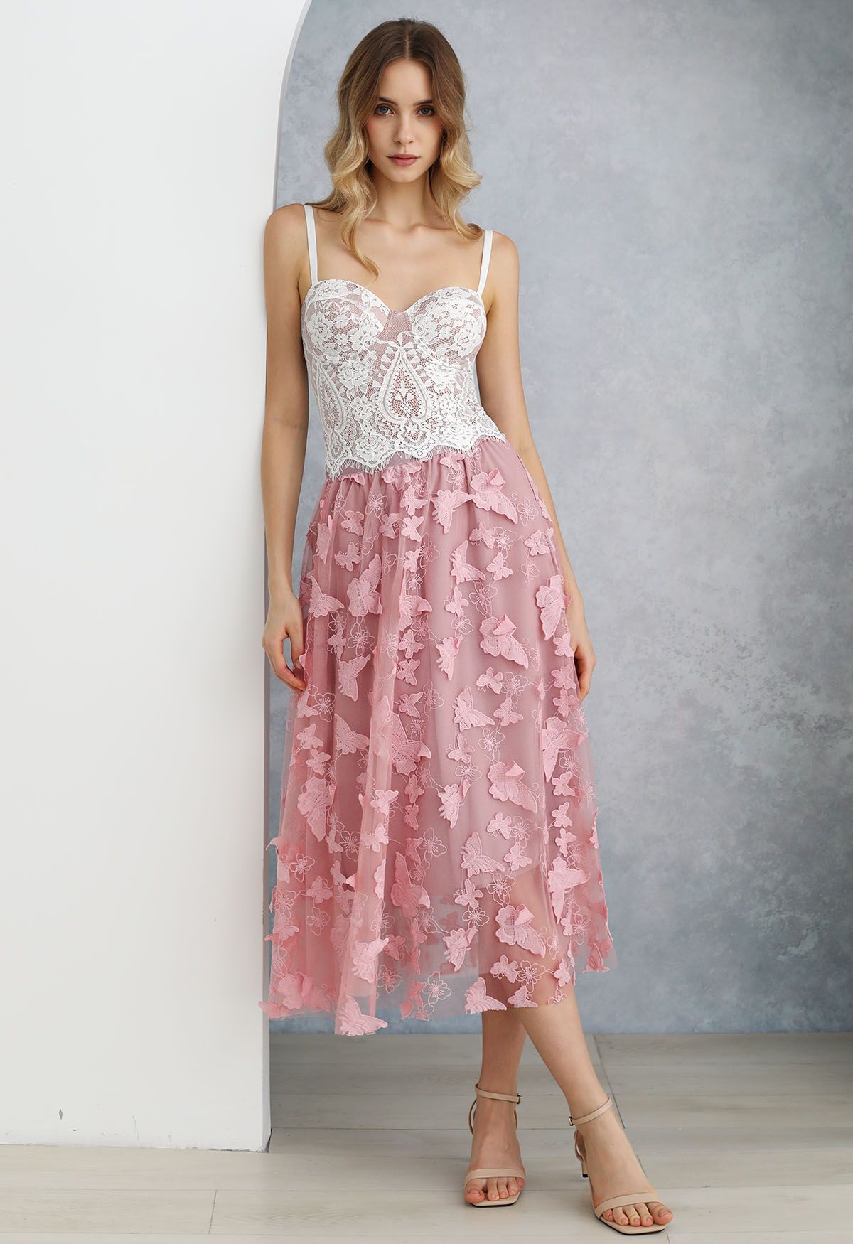 Loveliness 3D Butterfly Embroidered Mesh Tulle Midi Skirt in Pink