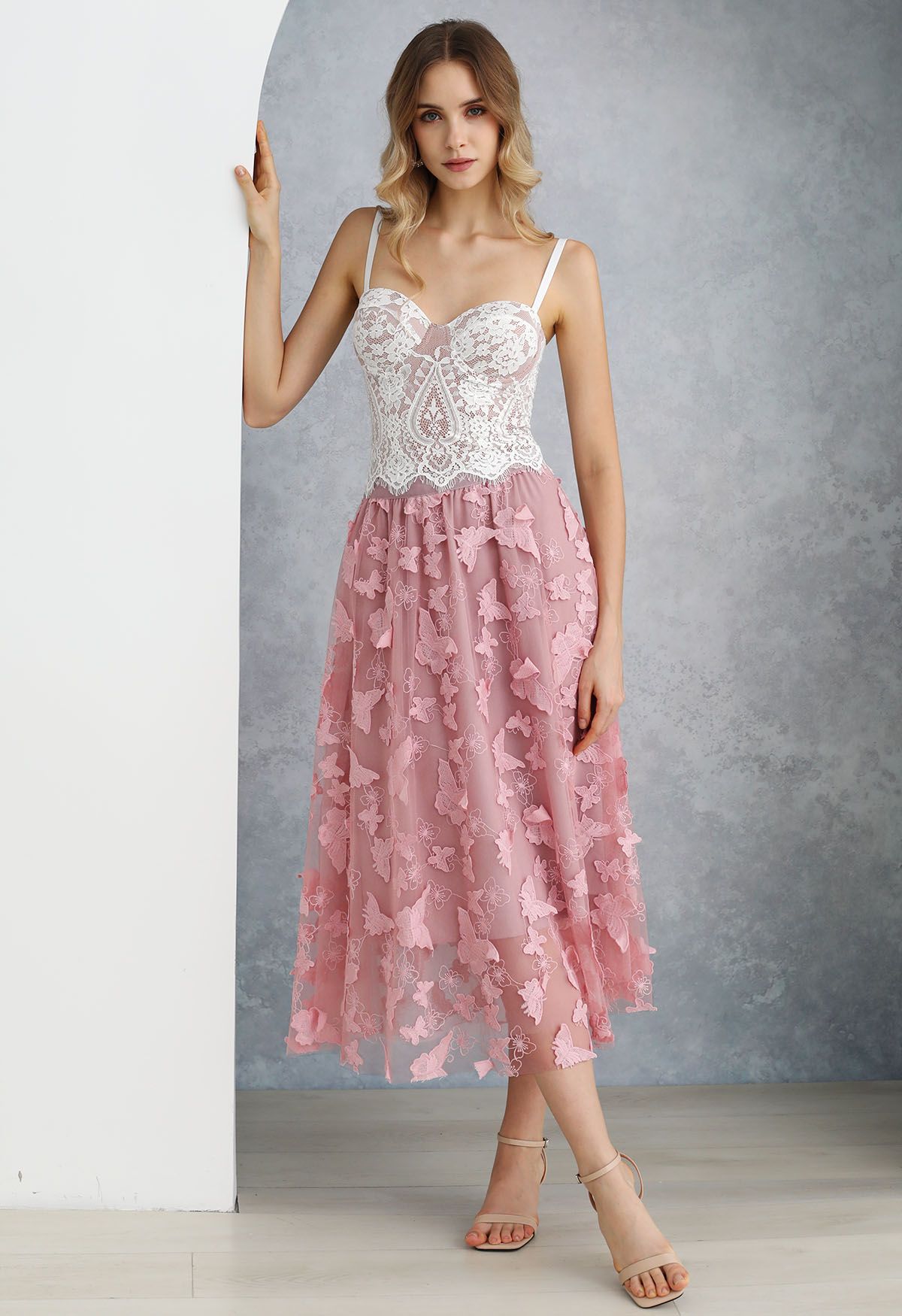 Loveliness 3D Butterfly Embroidered Mesh Tulle Midi Skirt in Pink