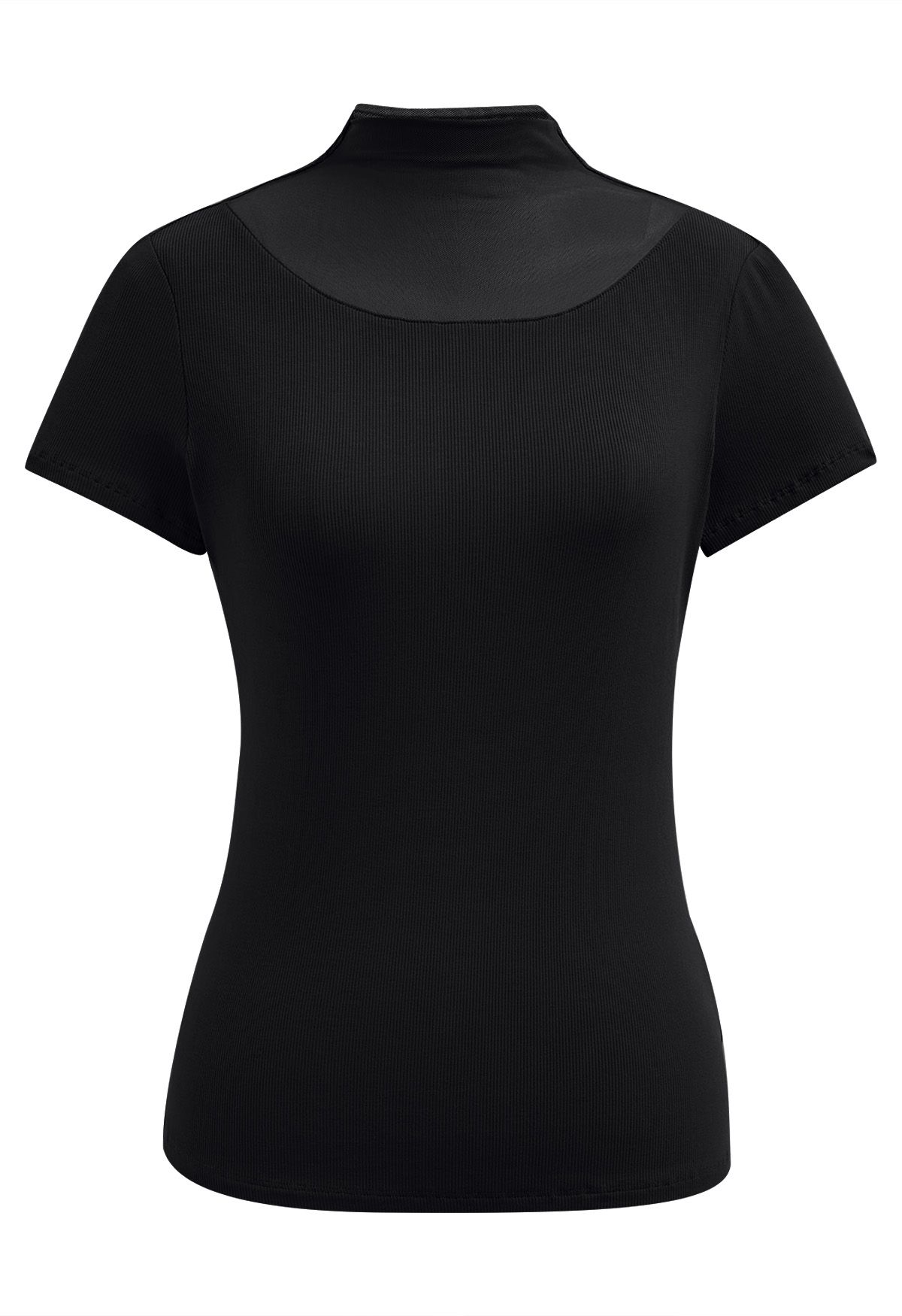 Mesh Spliced Neckline Stretchy Top in Black