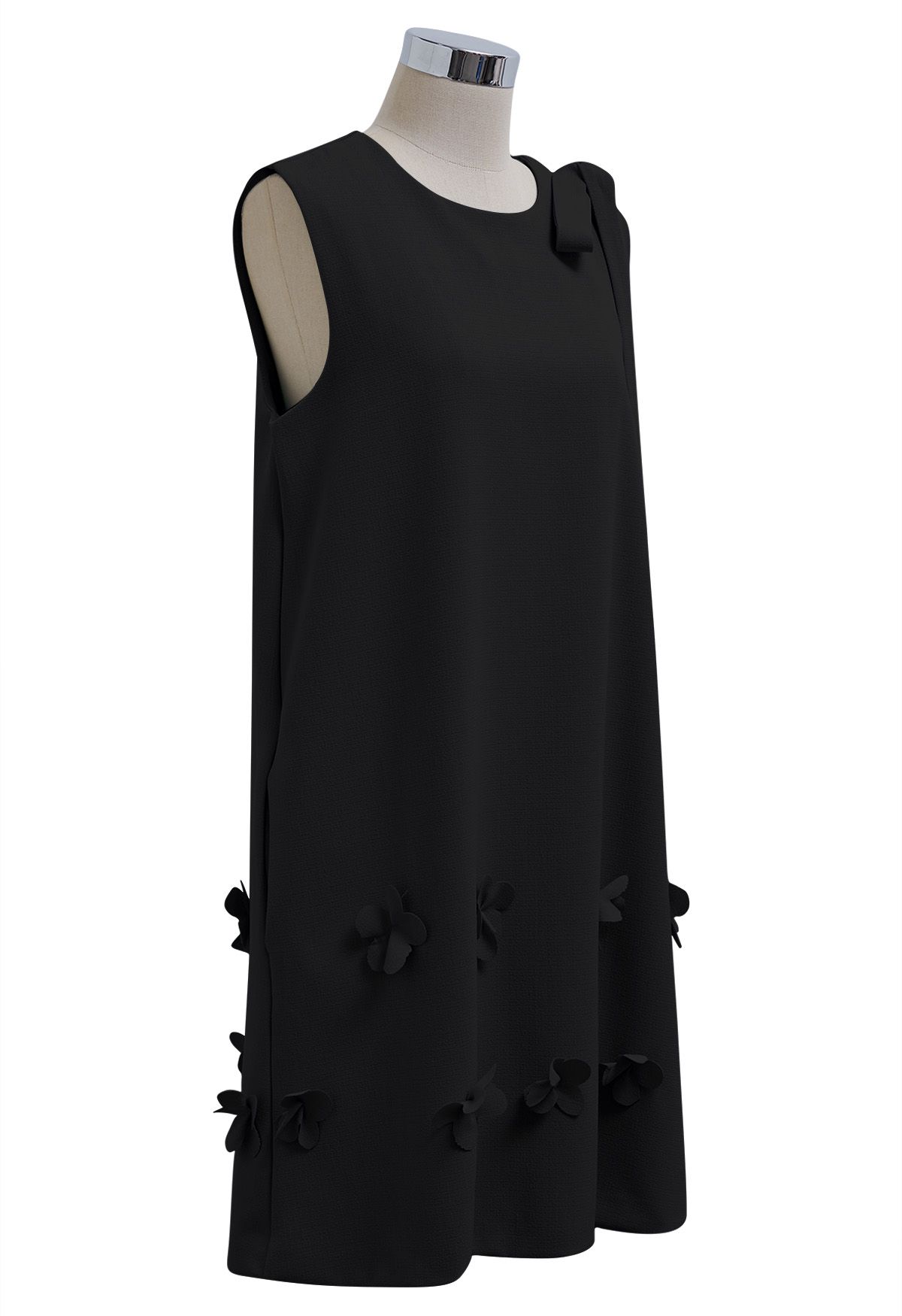 Flower Applique Bowknot Sleeveless Dress in Black