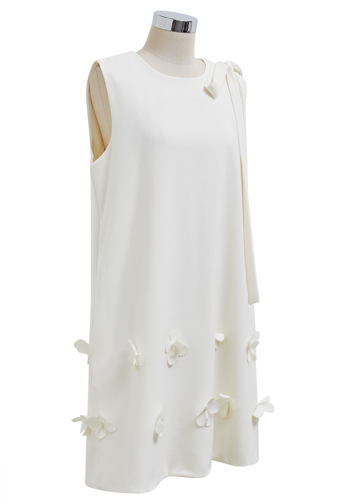 Flower Applique Bowknot Sleeveless Dress in Ivory