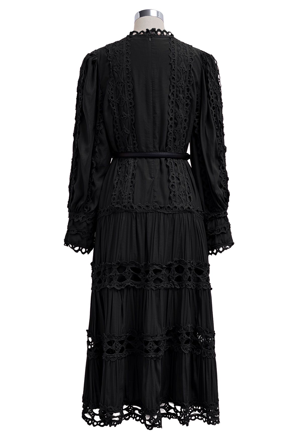 Belted Cutwork Lace Trim Bubble Sleeve Midi Dress in Black