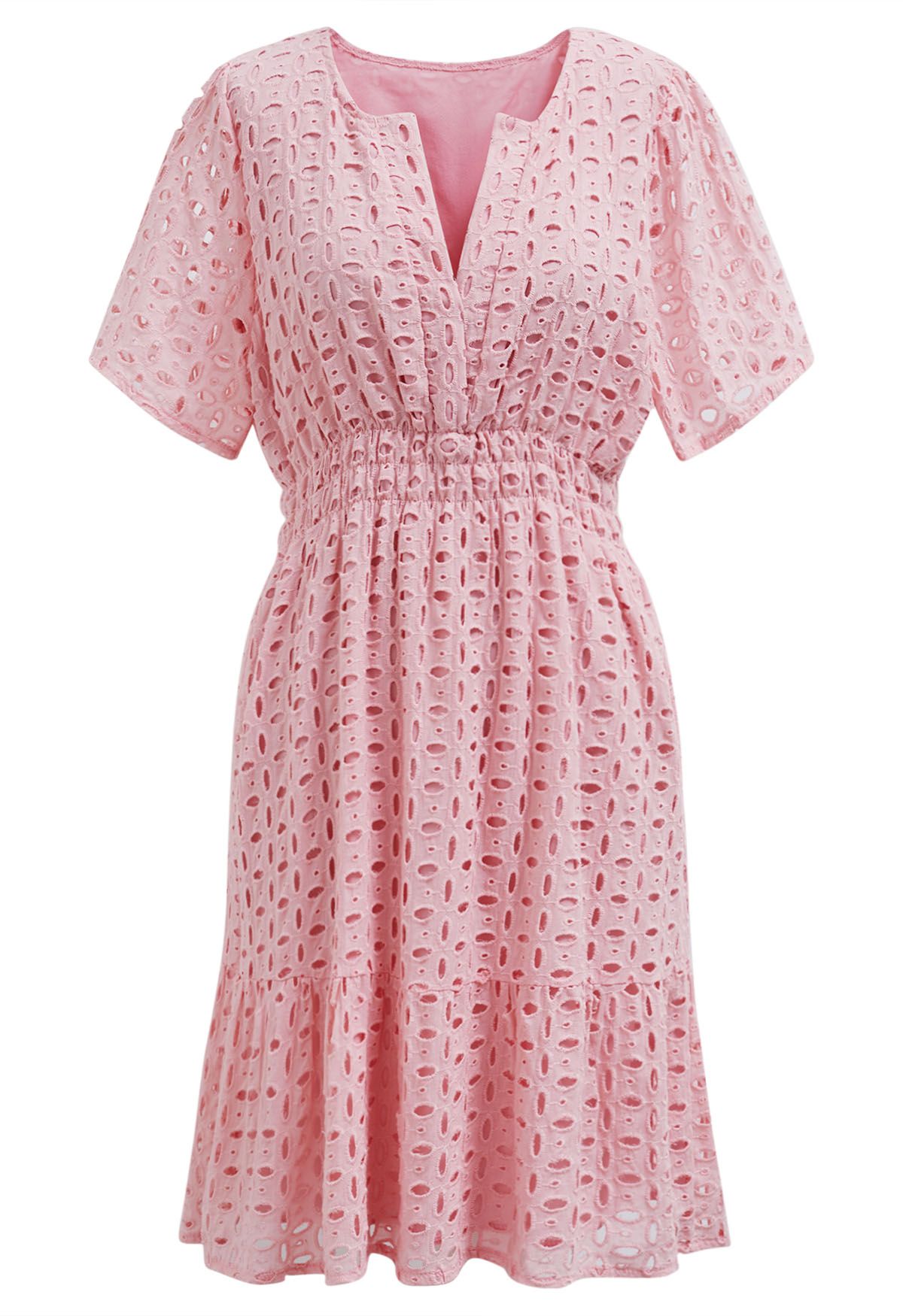 Eyelet Embroidery V-Neck Cotton Dress in Pink