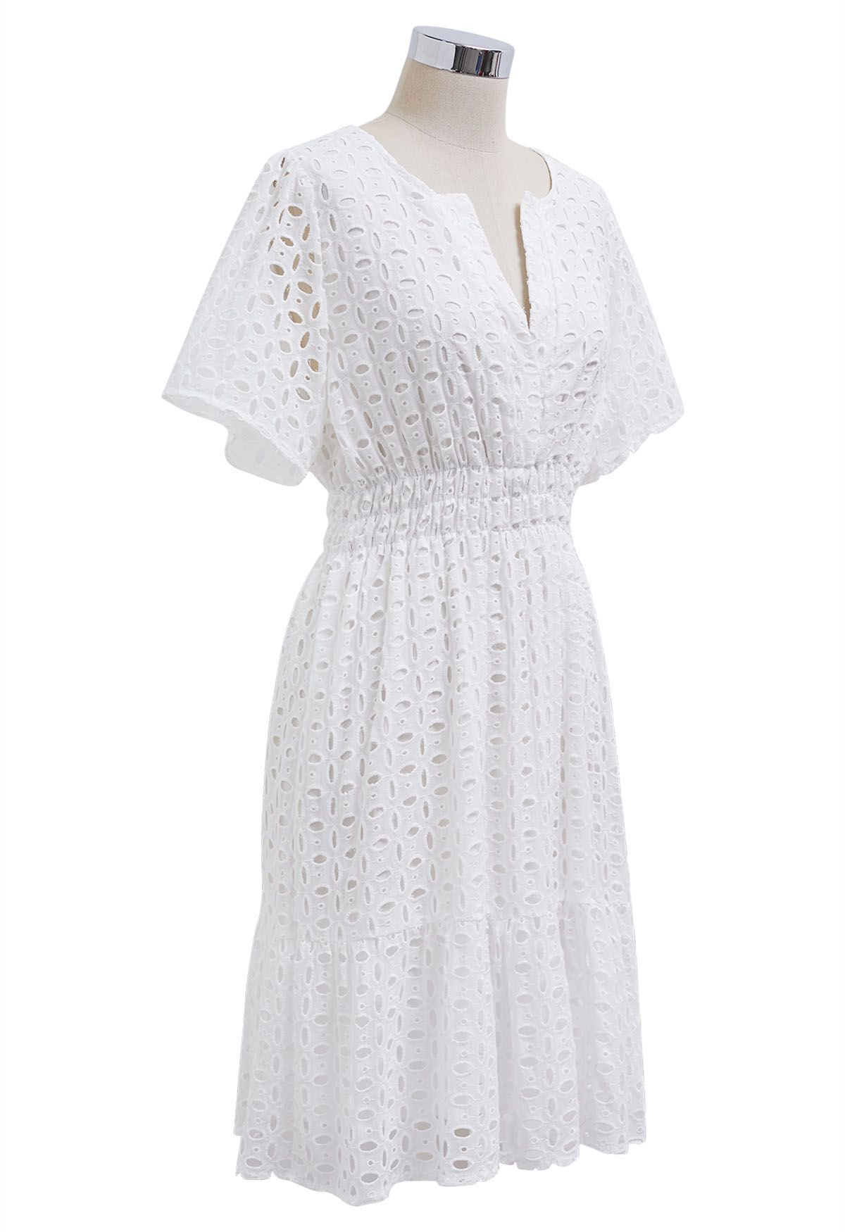 Eyelet Embroidery V-Neck Cotton Dress in White