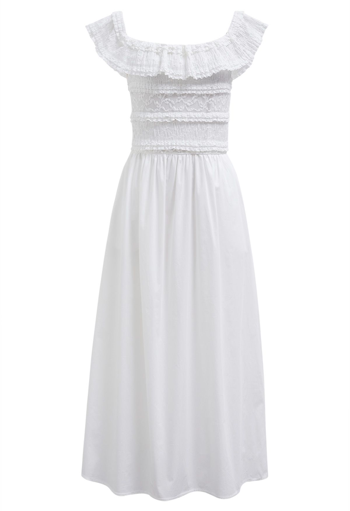 Tiered Lace Off-Shoulder Spliced Dress in White