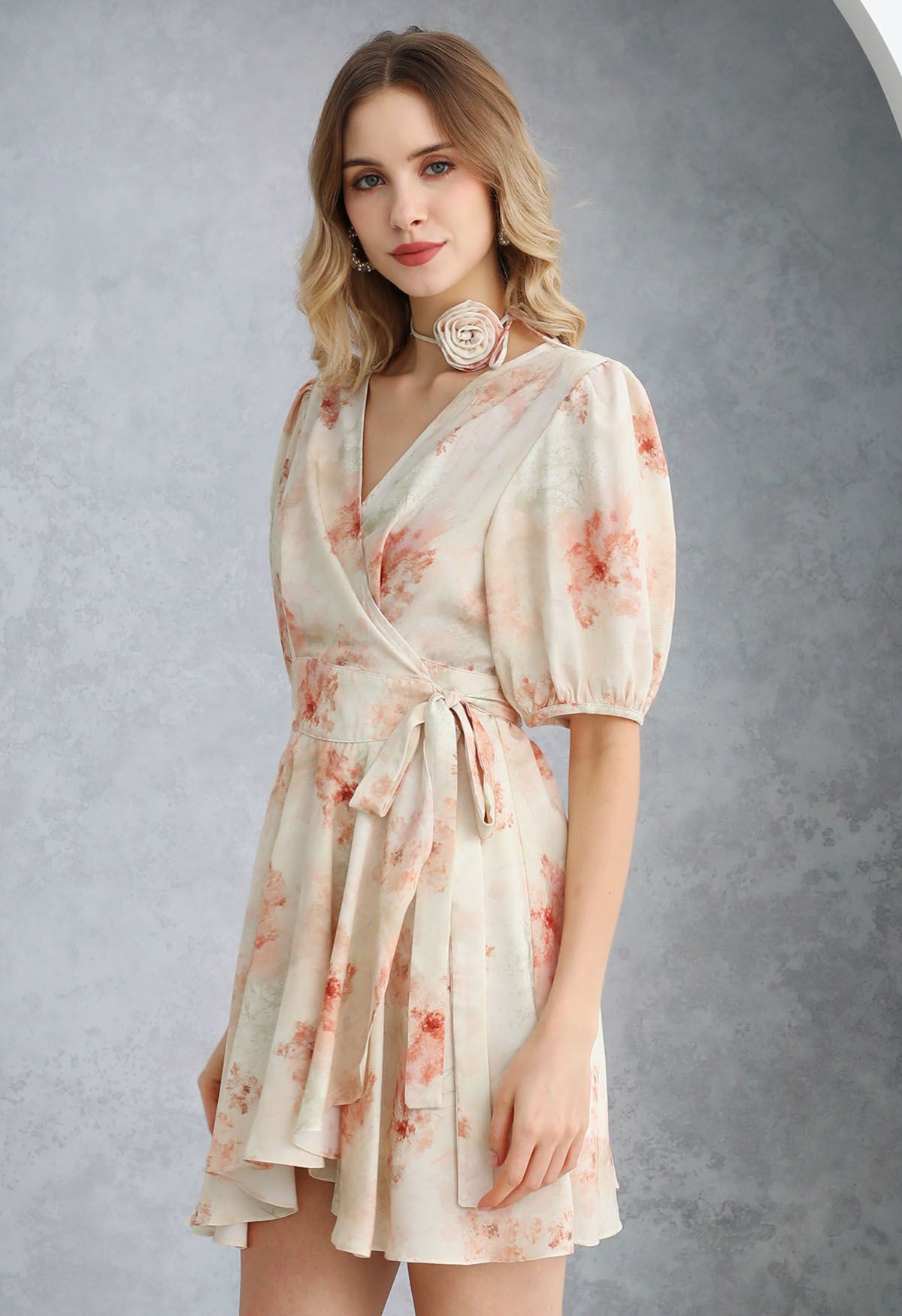 Watercolor Coral Floral Wrap Mini Dress with Choker