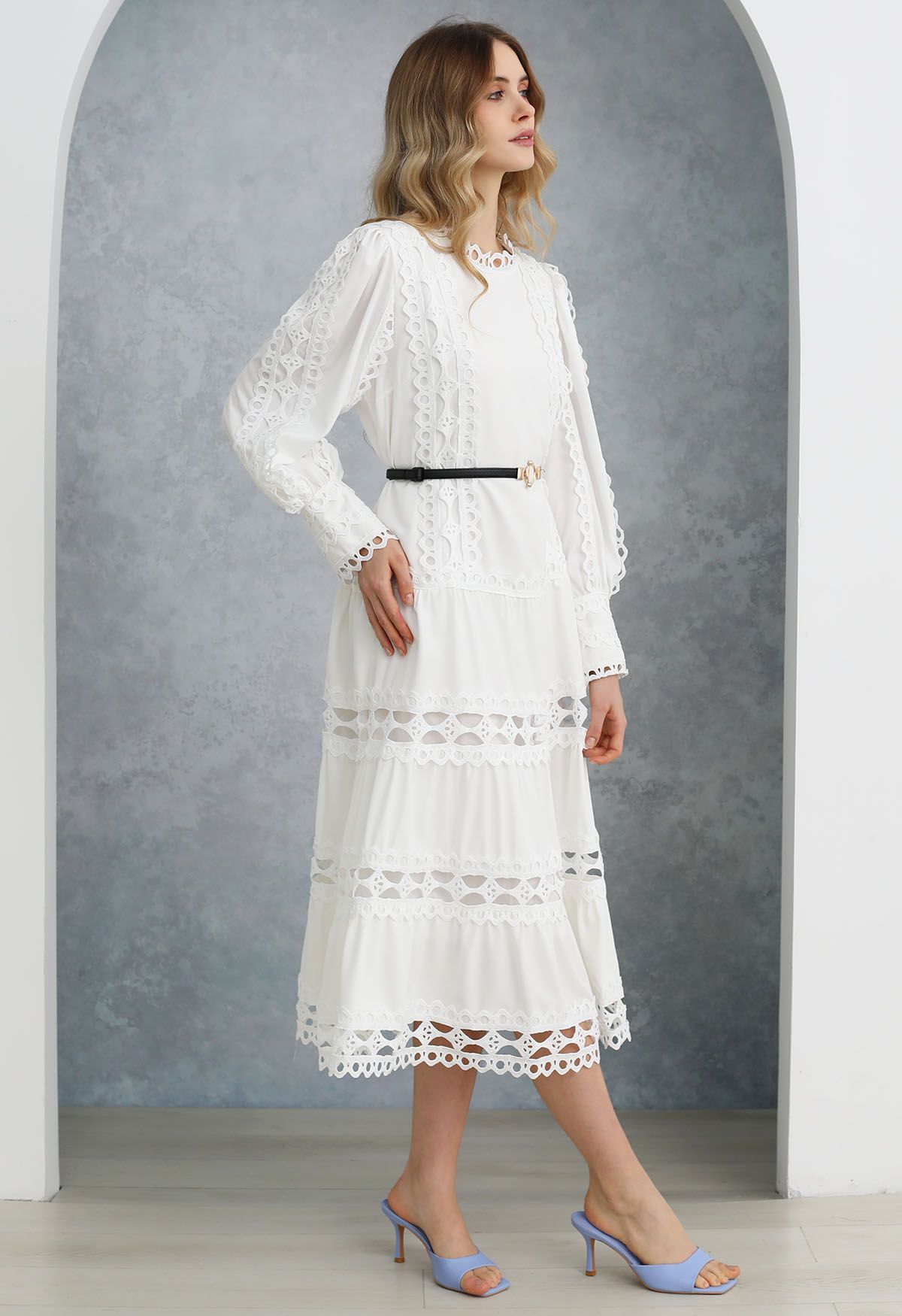 Belted Cutwork Lace Trim Bubble Sleeve Midi Dress in White