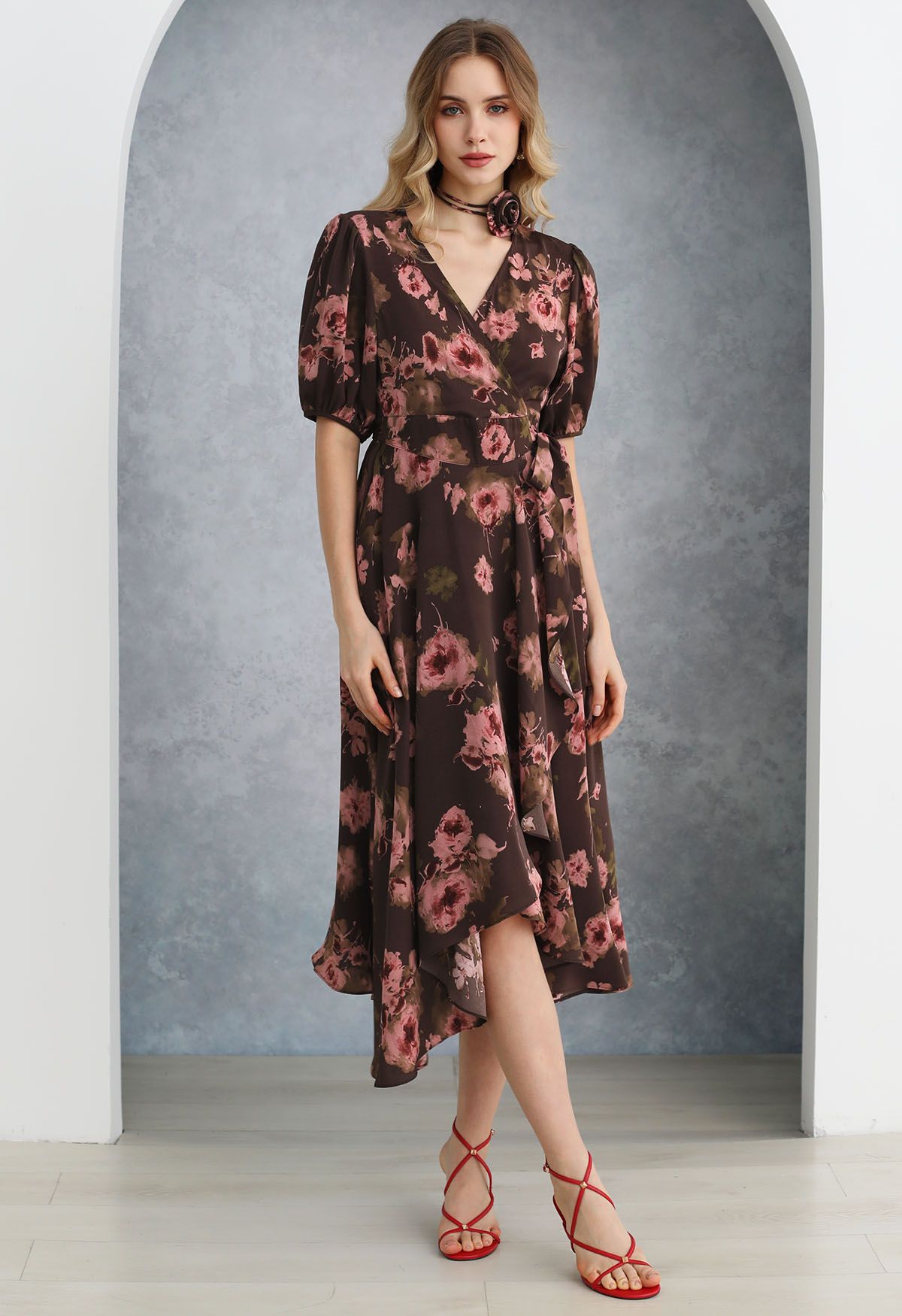 Vintage Bloom Asymmetric Wrap Midi Dress with Choker