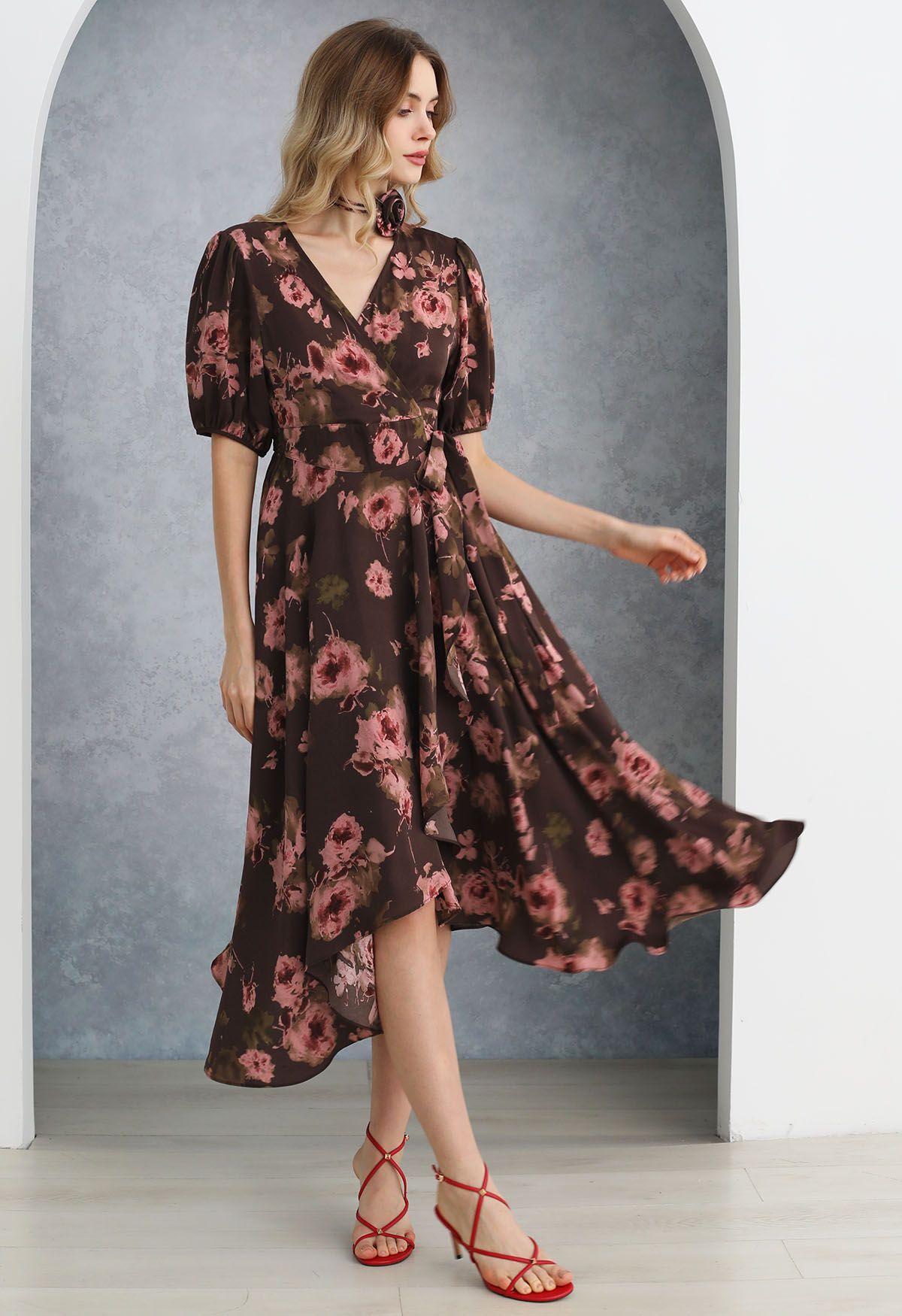 Vintage Bloom Asymmetric Wrap Midi Dress with Choker