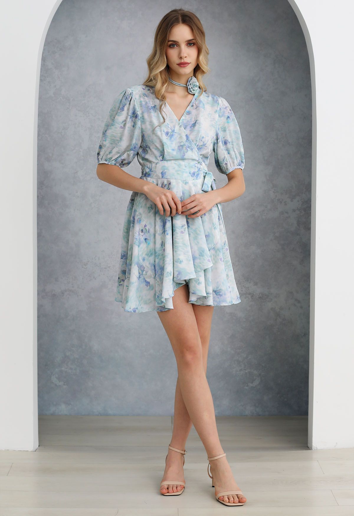 Watercolor Blue Floral Wrap Mini Dress with Choker