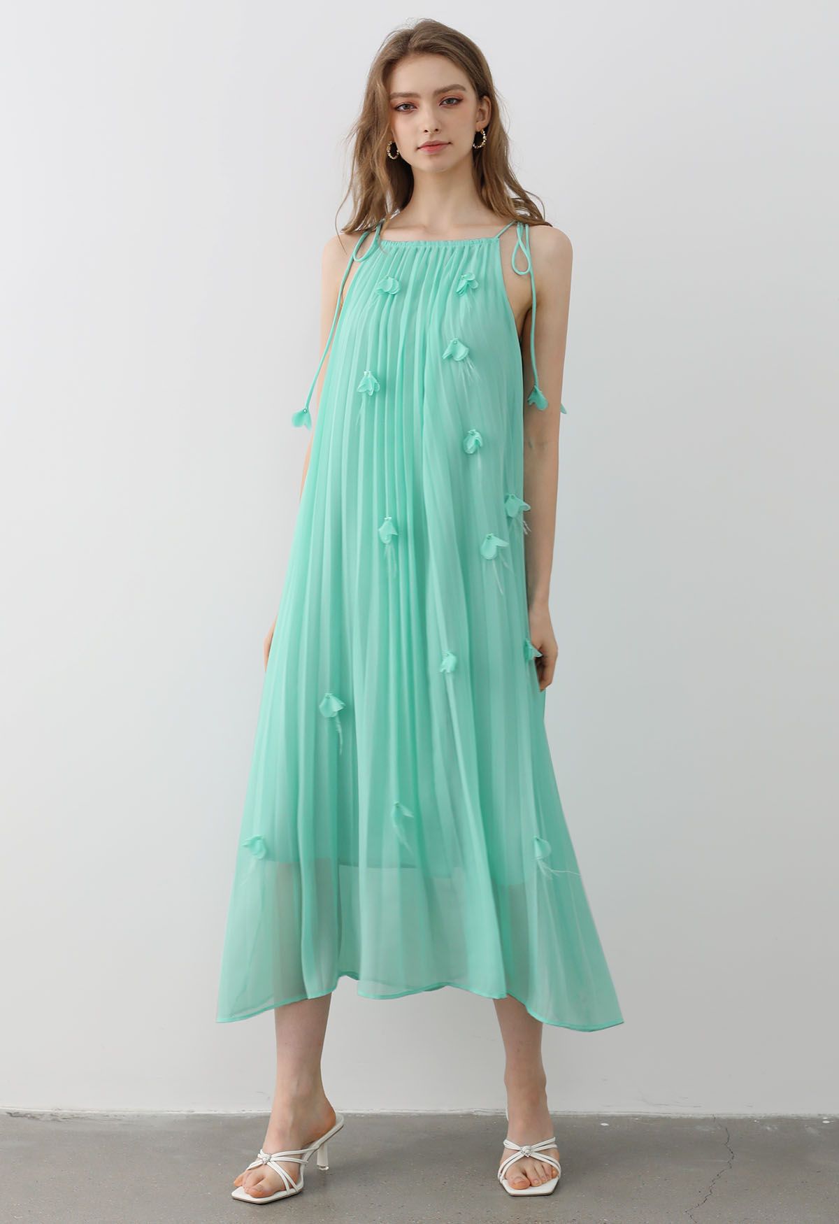 3D Floral Tie-Shoulder Chiffon Pleated Dress in Mint