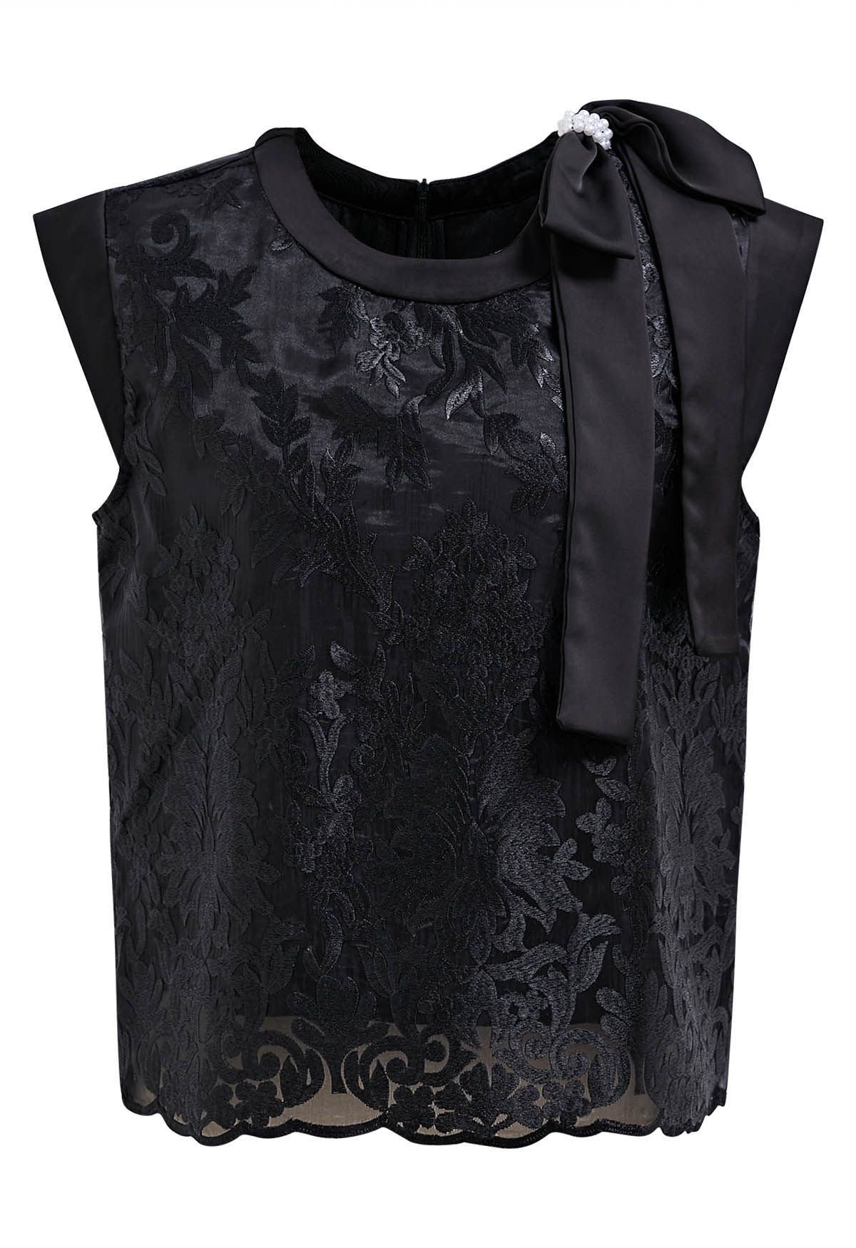 Embroidered Floral Pearly Bowknot Sleeveless Top in Black