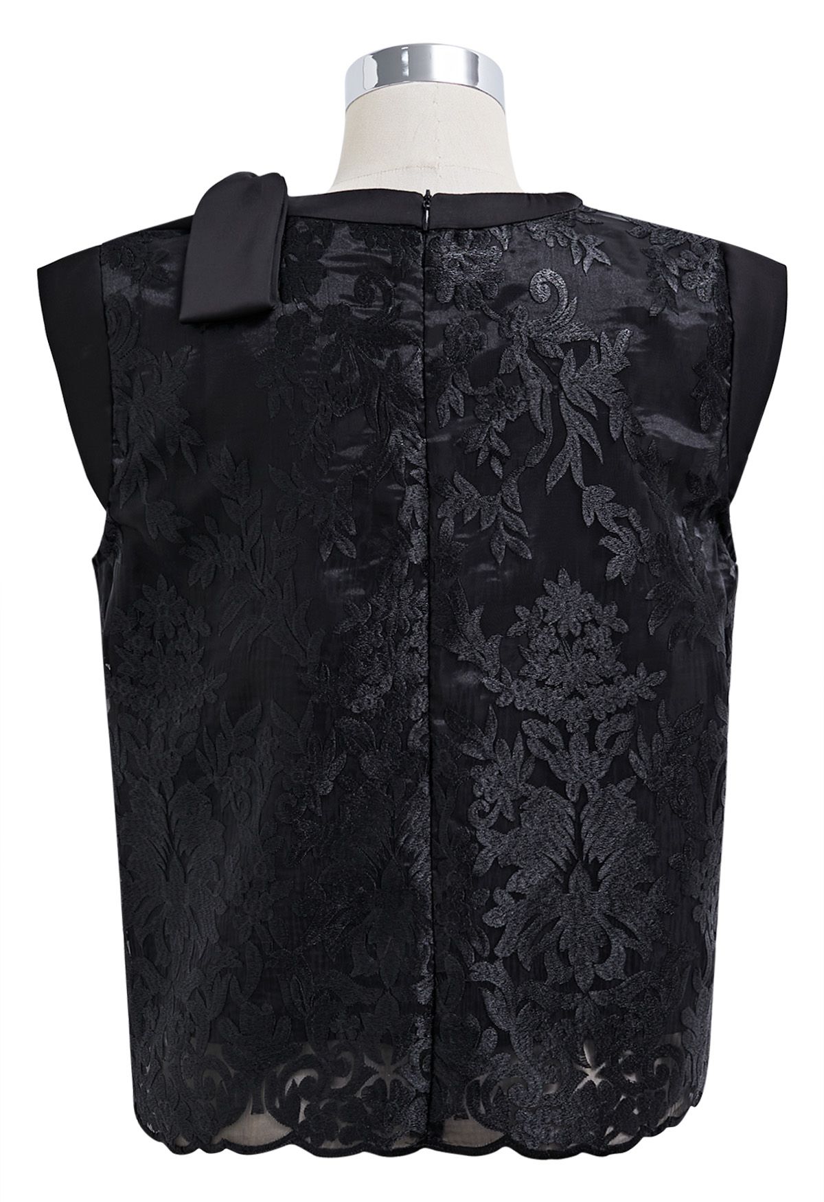 Embroidered Floral Pearly Bowknot Sleeveless Top in Black