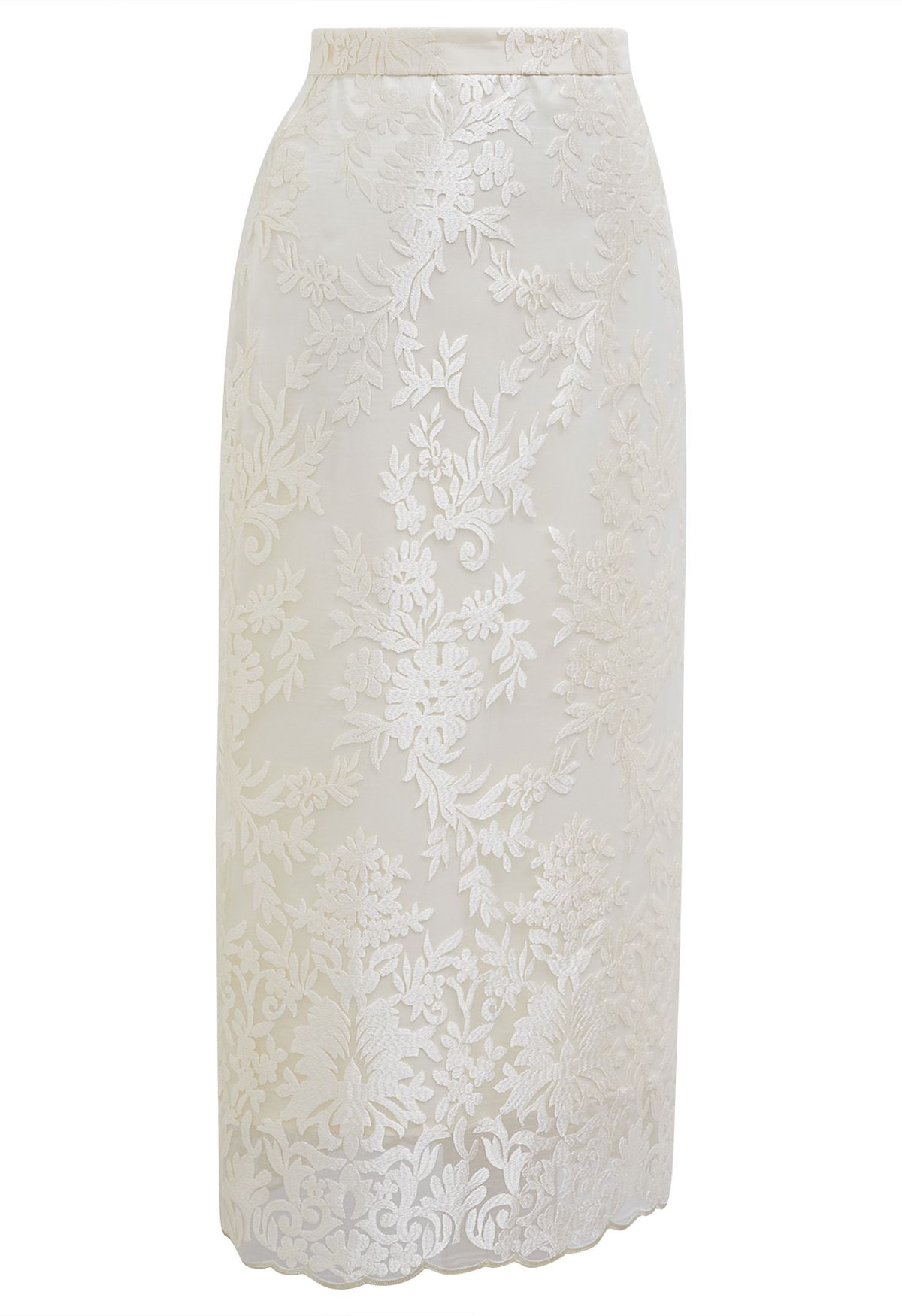 Embroidered Floral Slit Back Midi Skirt in Cream