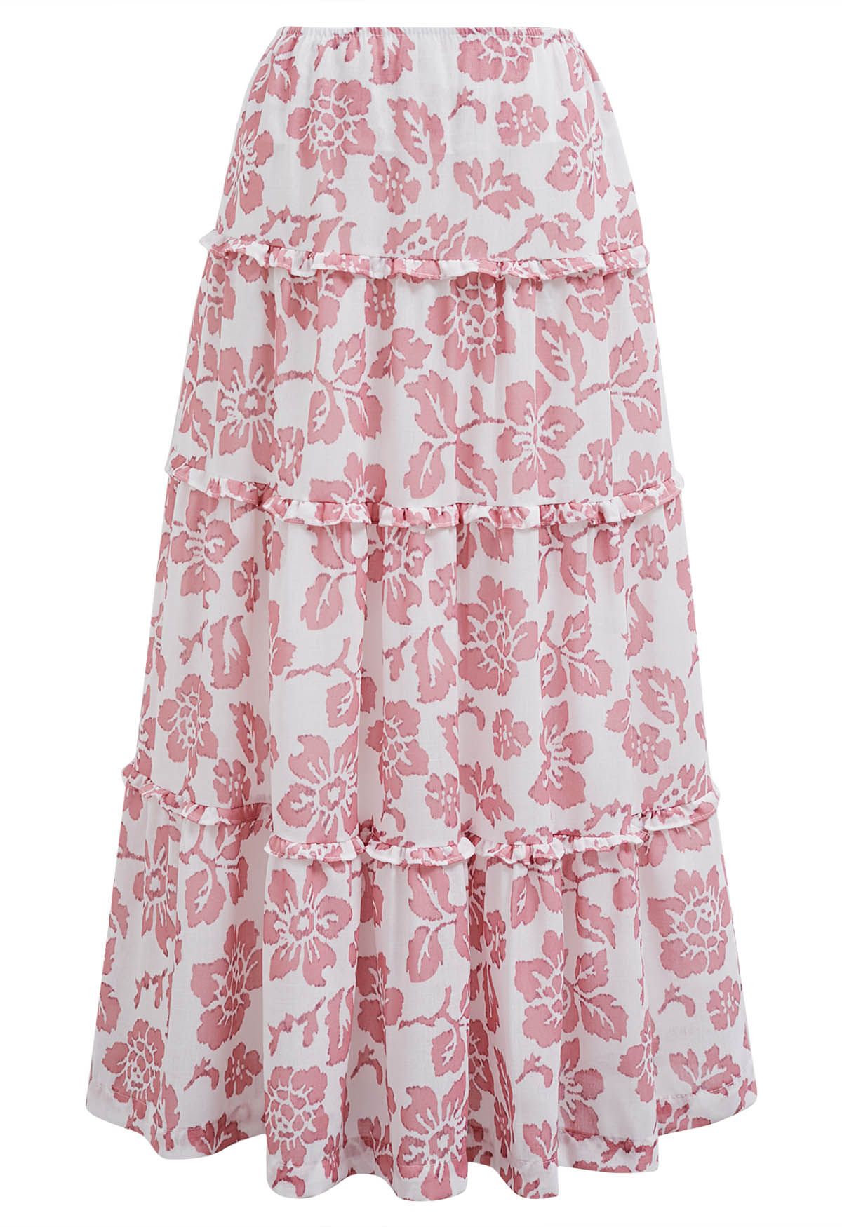 Sunny Blooms Ruffle Trim A-Line Skirt in Pink