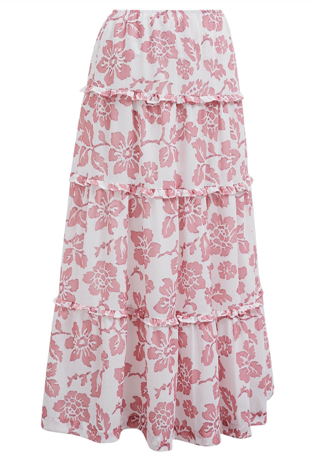 Sunny Blooms Ruffle Trim A-Line Skirt in Pink