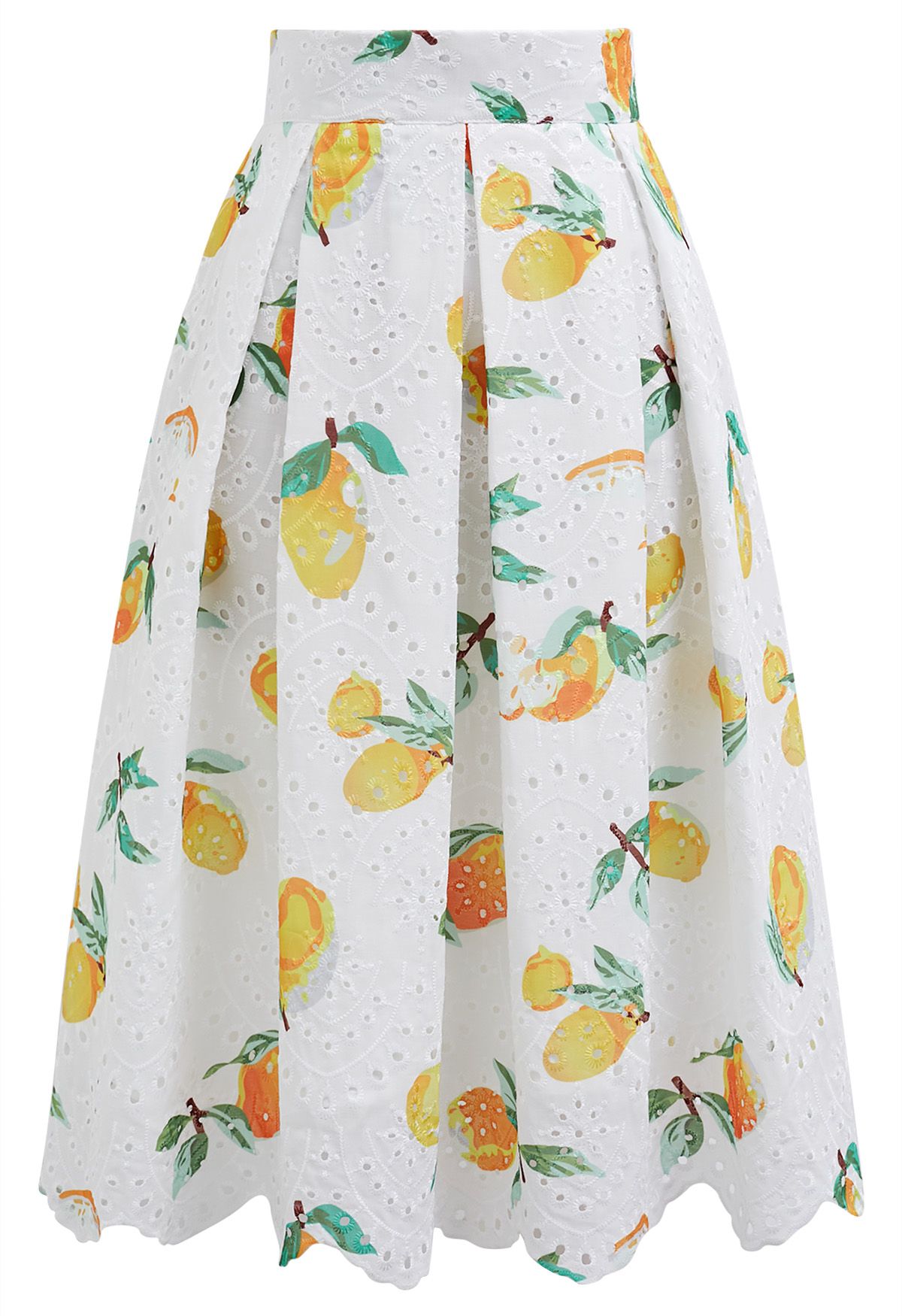 Lemon Printed Eyelet Embroidered Scallop Edge Pleated Skirt