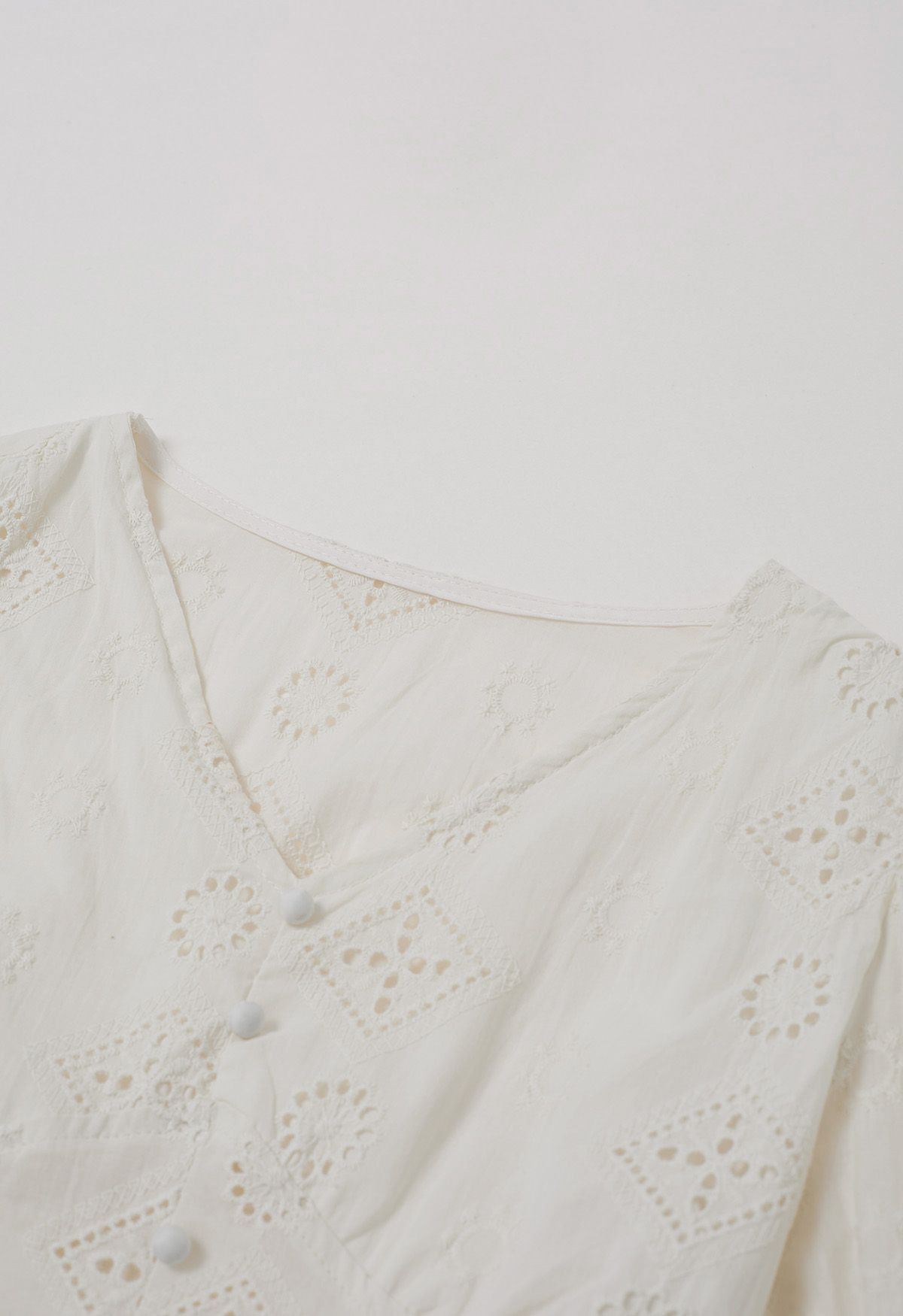 V-Neck Button Trim Eyelet Crop Top in Cream