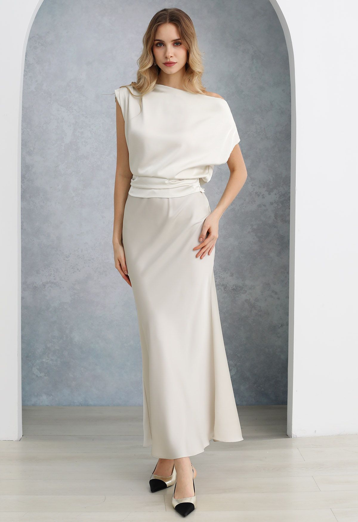 One-Shoulder Shirred Back Satin Top in Ivory