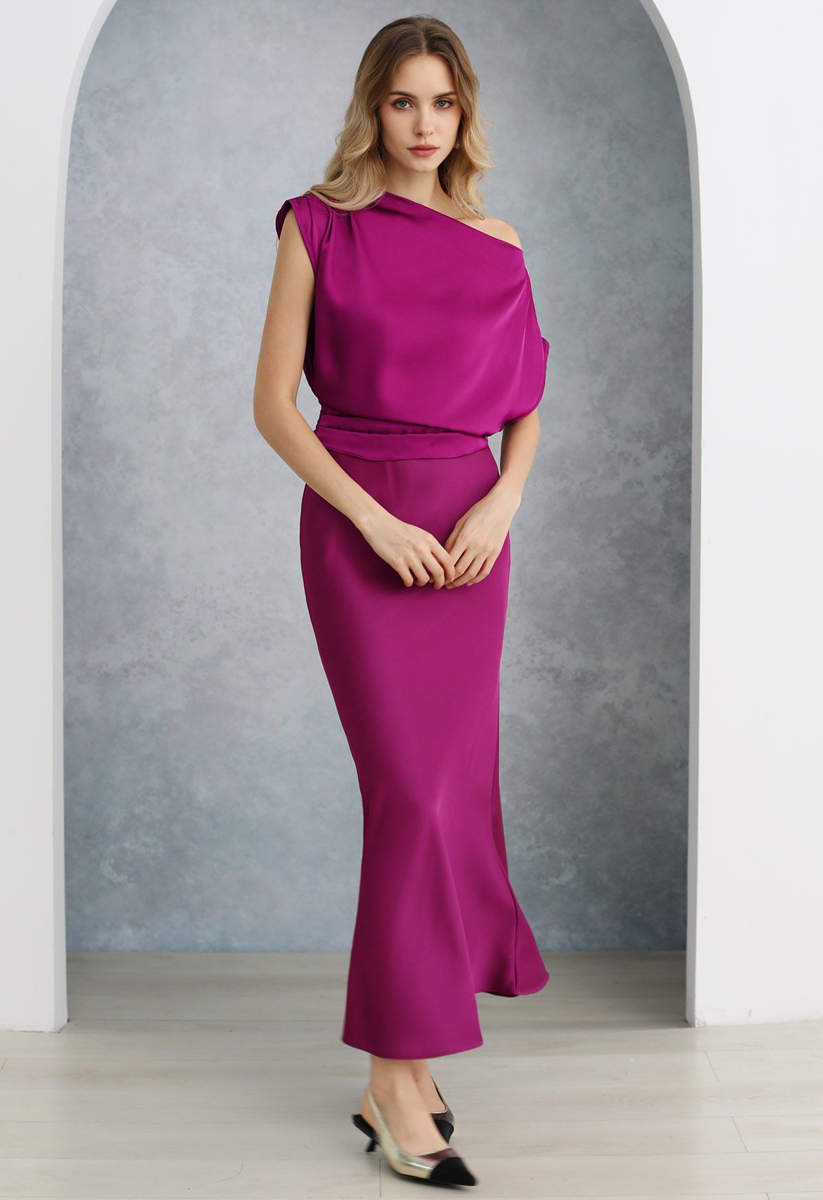 One-Shoulder Shirred Back Satin Top in Magenta