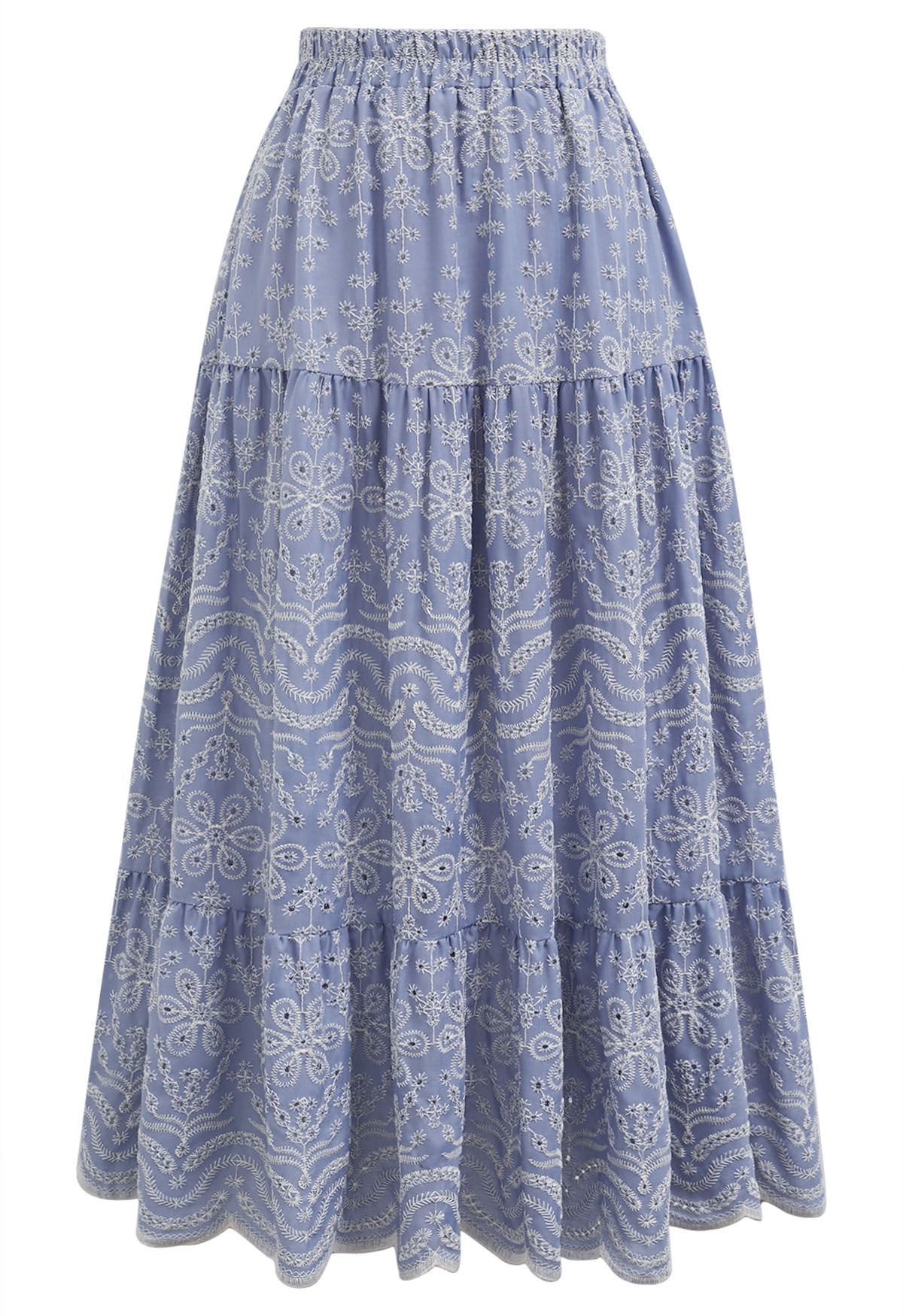 Chic Blue Embroidered Floral Midi Skirt