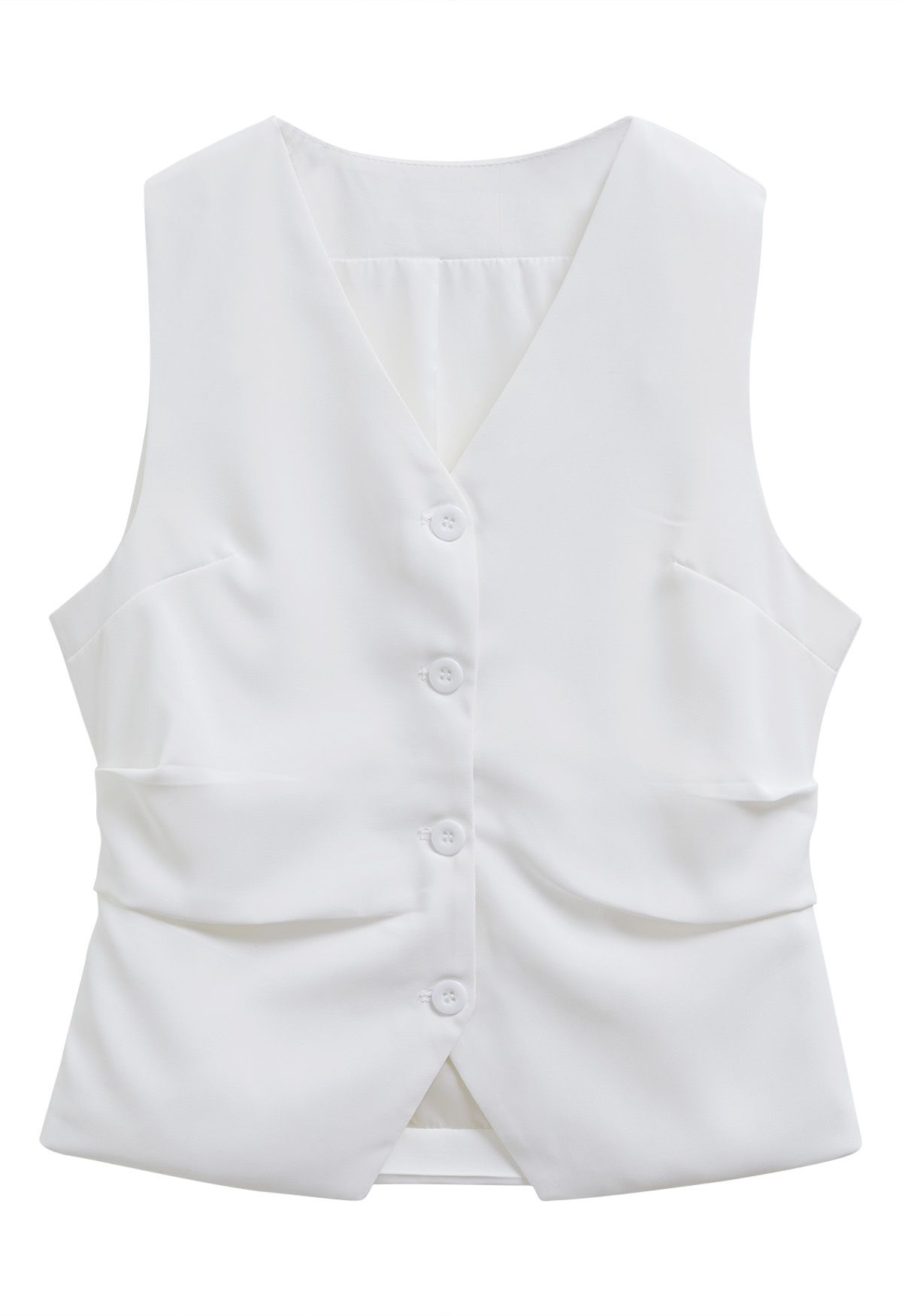 V-Neck Buttoned Down Ruched Vest in White