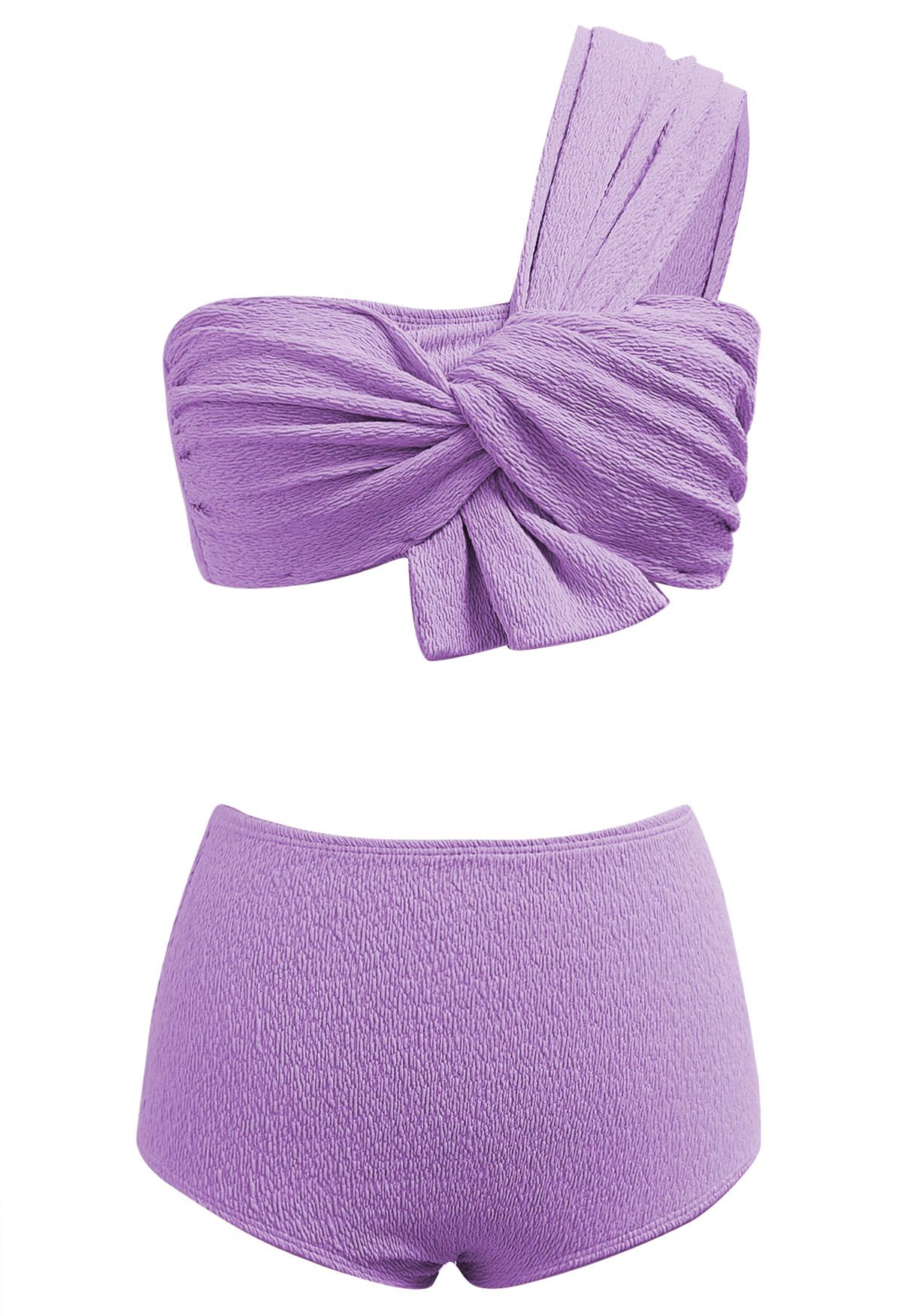 One-Shoulder Knotted Texture Bikini Set in Lilac