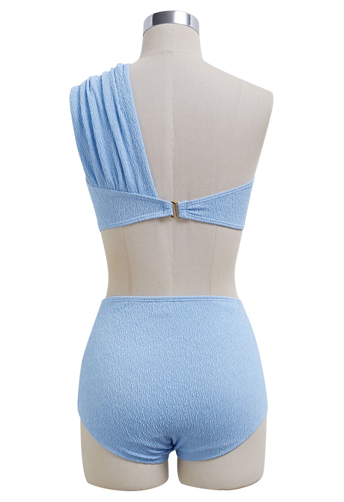 One-Shoulder Knotted Texture Bikini Set in Blue