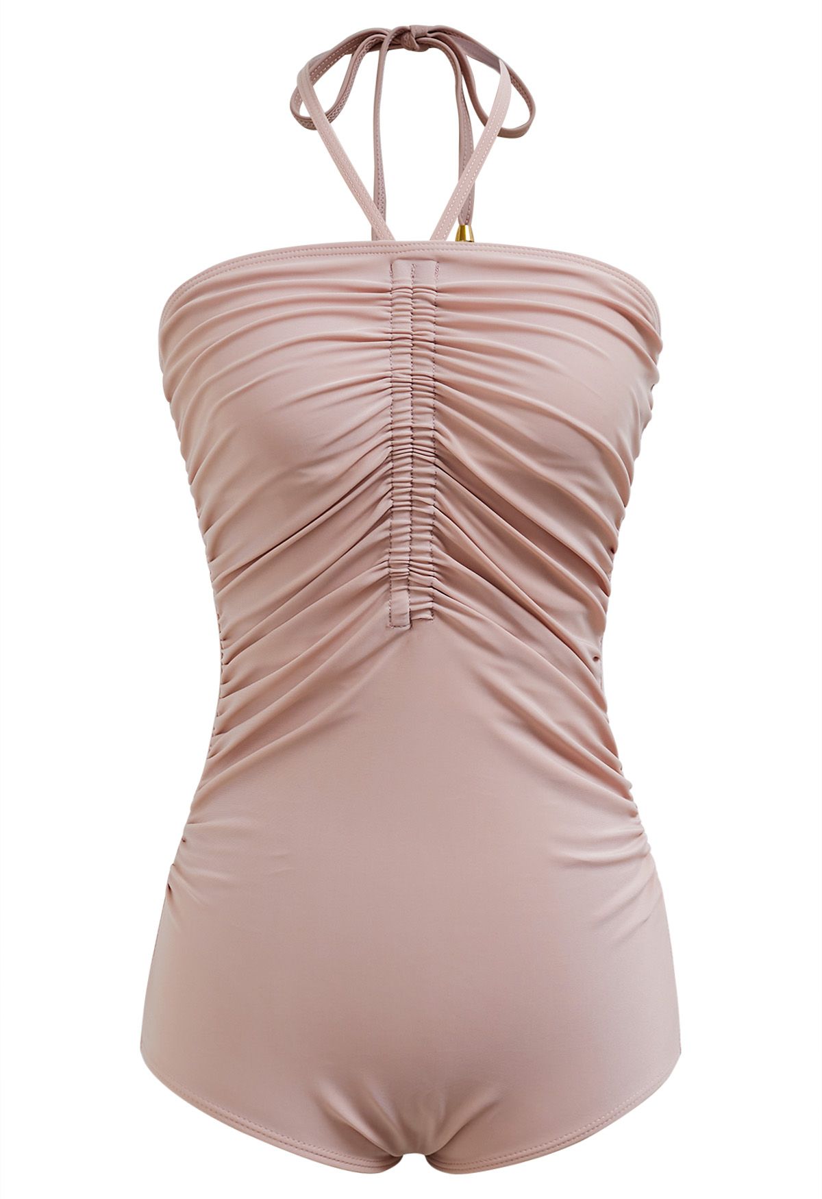 Solid Color Drawstring Halter Neck Swimsuit in Dusty Pink