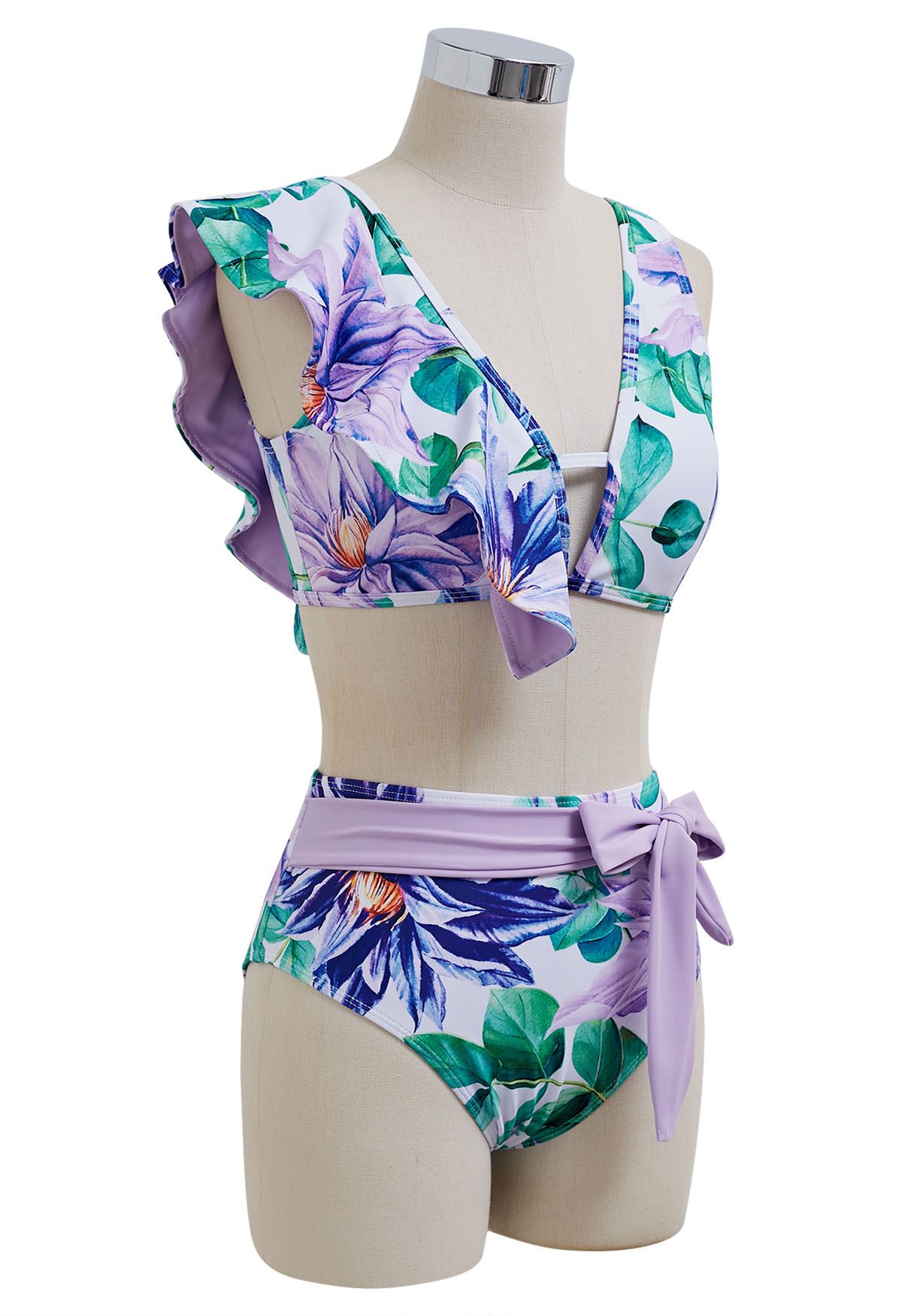 Purple Floral Print Ruffle Bikini Set