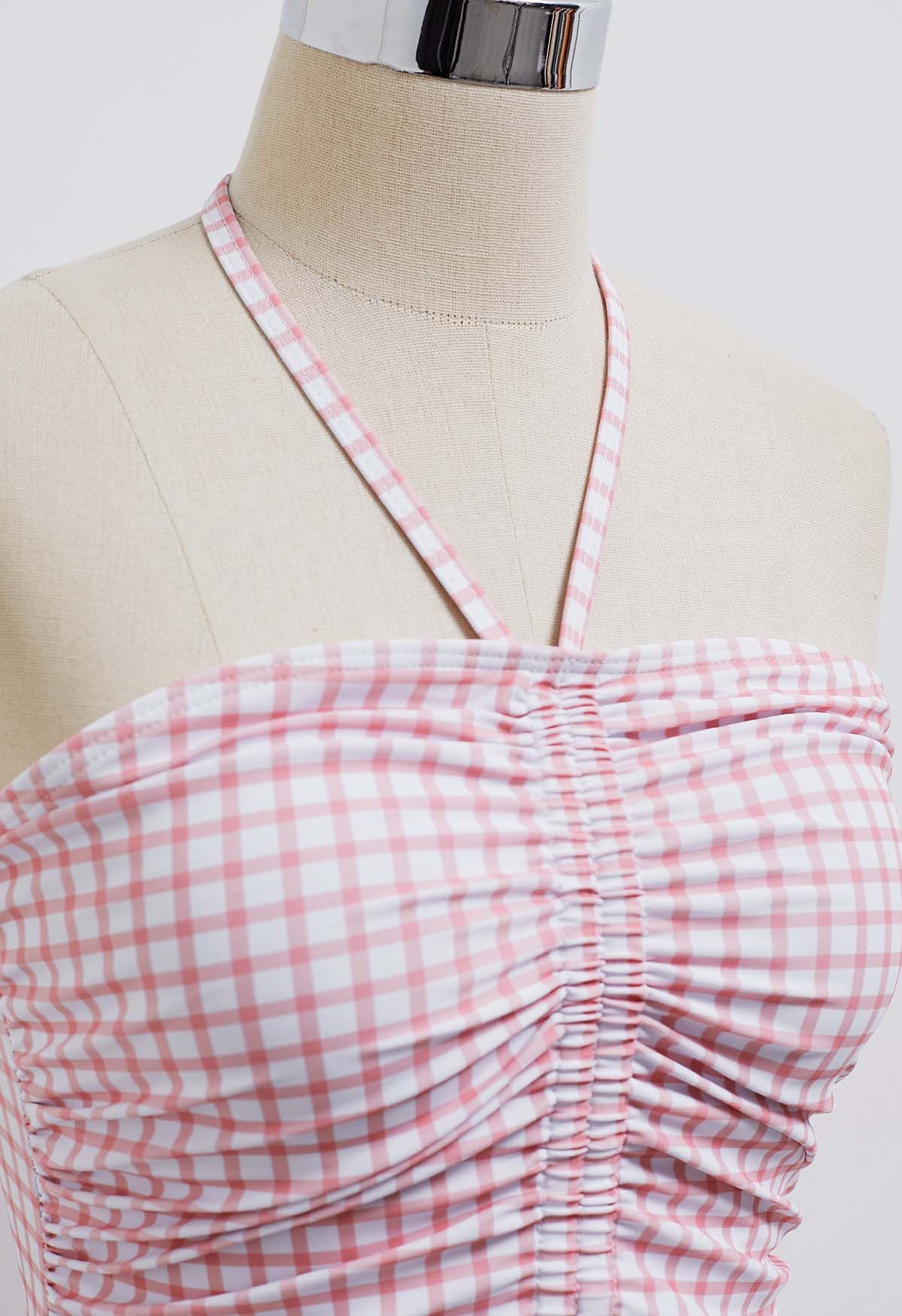 Gingham Drawstring Halter Neck Swimsuit in Pink