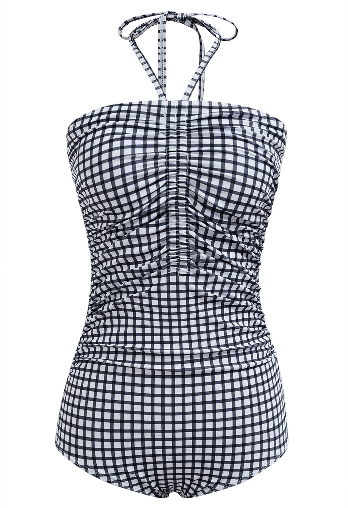 Gingham Drawstring Halter Neck Swimsuit in Black