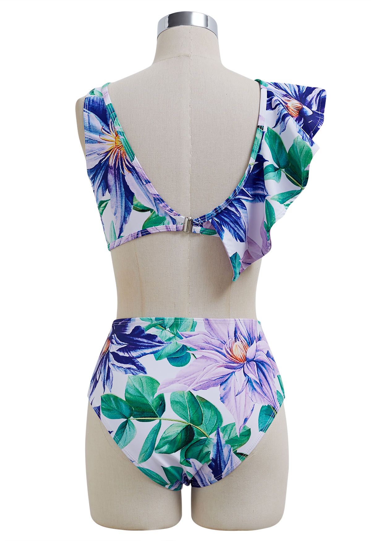 Purple Floral Print Ruffle Bikini Set