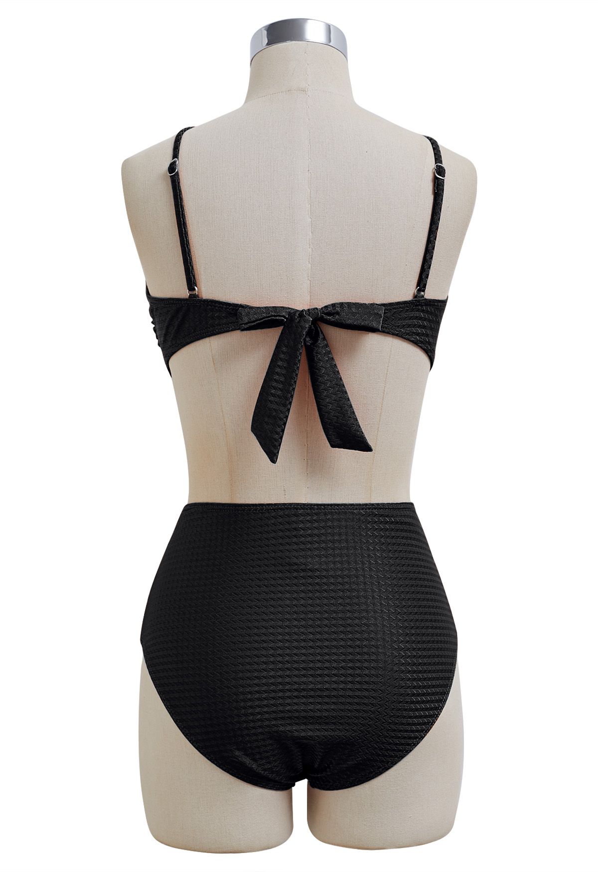 Resin Bead Asymmetric Straps Bowknot Bikini Set in Black