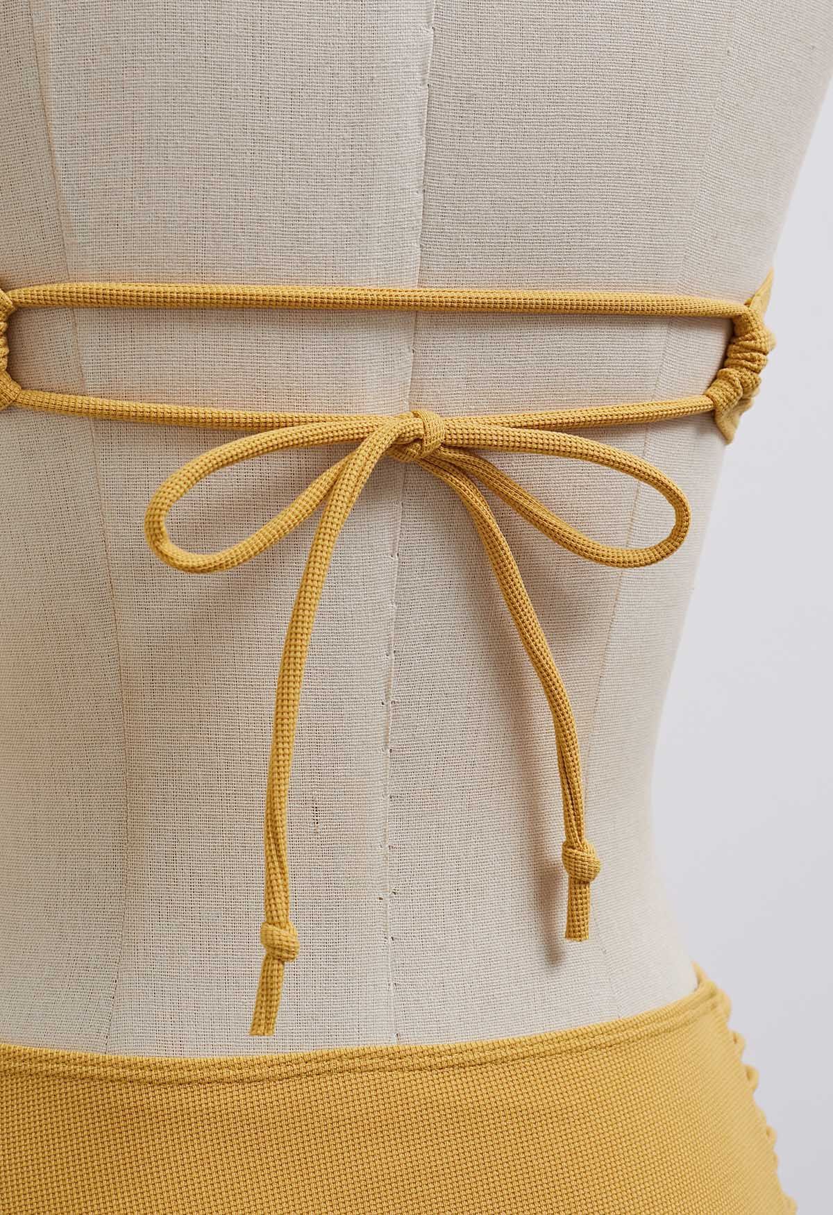 Twisted Detail Side Ruched Halter Bikini Set in Mustard