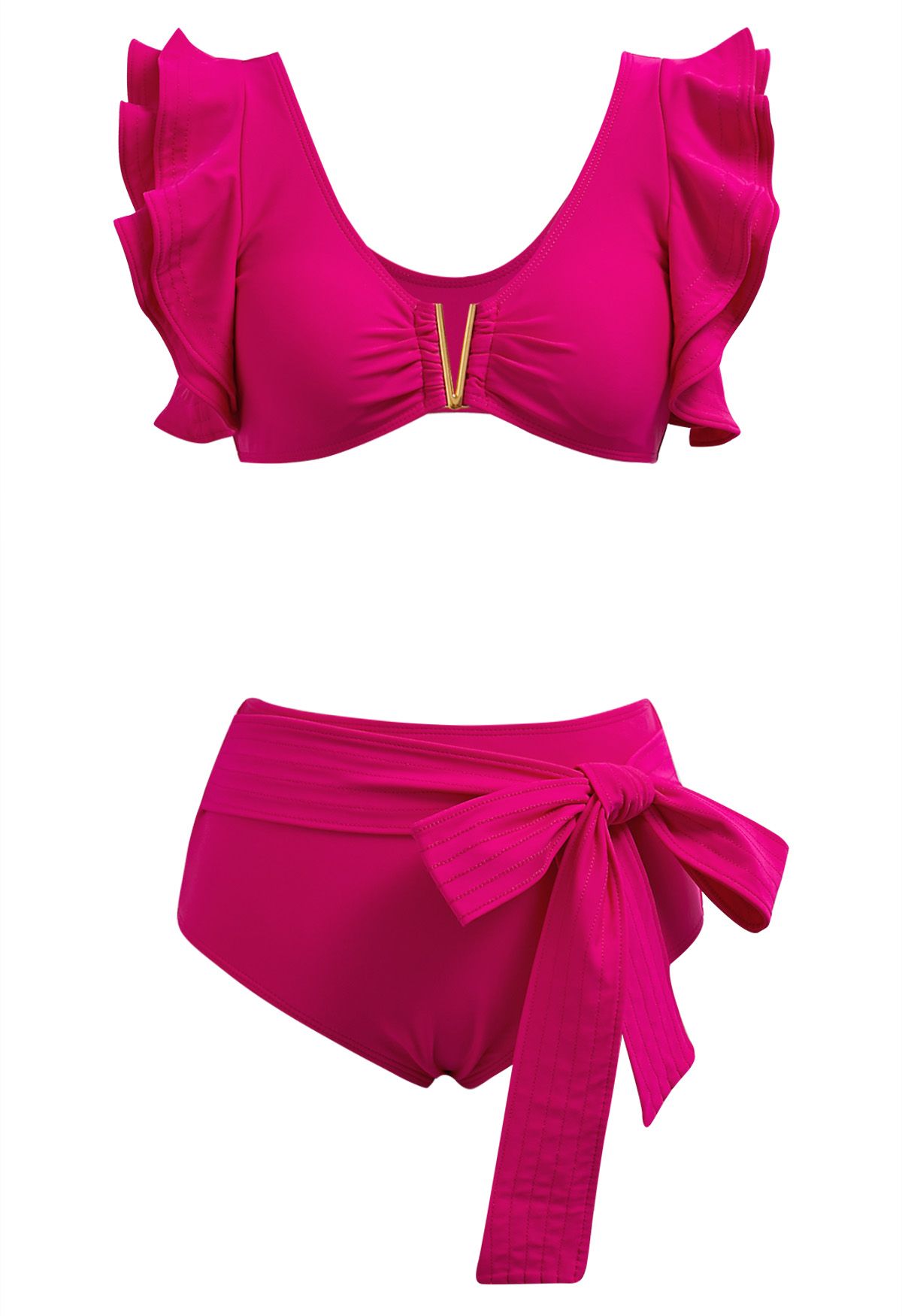 V-Shape Metal Trim Ruffle Bikini Set in Hot Pink