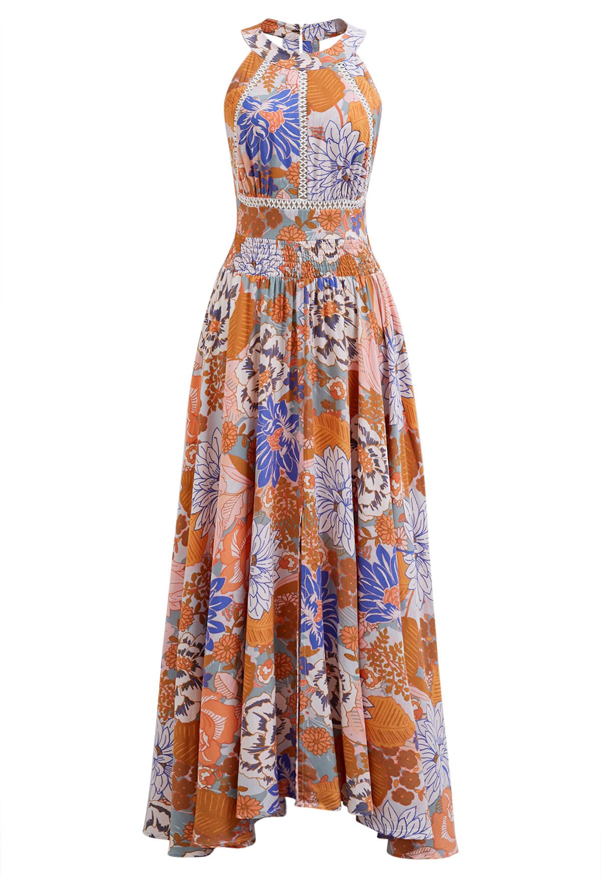 Vivid Blossom Tie-Back Maxi Dress